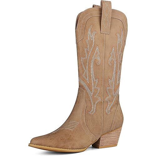 femflame Womens Cowboy Boots for Women Pointed Toe Chunky Heel Mid Calf Cowgirl Boot Embroidered Western Boots