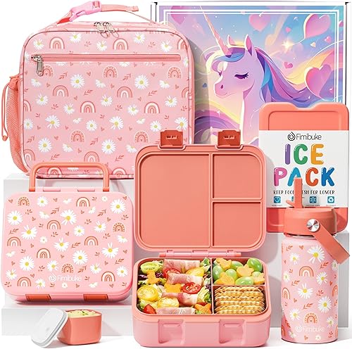 Fimibuke Lonchera Bento para niños  Contenedor Bento con 3 compartimentos, botella de agua de acero inoxidable, bolsa de almuerzo aislada, juego de