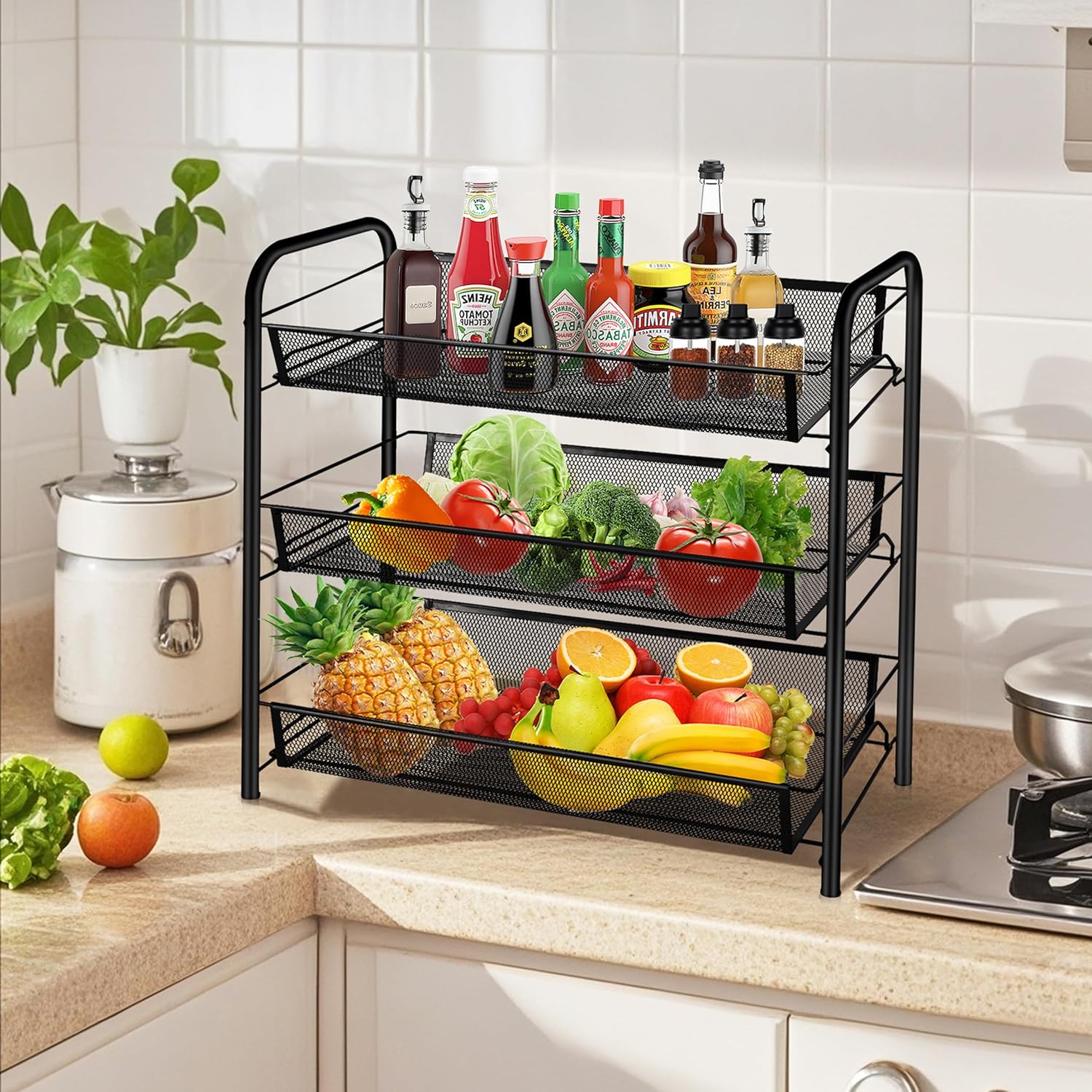 CVHOMEDECO. 3 Tier Fruit Basket Large Capacity Rectangular Metal Fruit Bowl Detachable Metal Fruit Stands Organizer for Kitchen Counter, Bread, Vegetable, Snack and Fruits. Black - Image 2