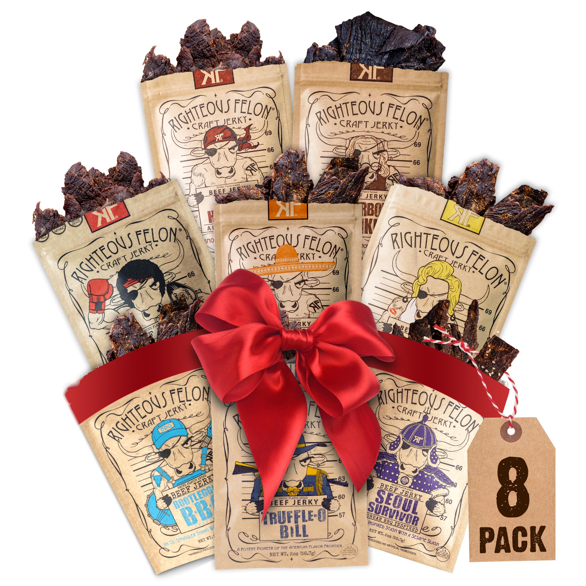 Righteous Felon Beef Jerky Variety Pack | Gluten Free Beef Jerky Snack Packs for Adults | High Protein, Keto-Friendly, Low Sugar | Made with Premium Meats | Gifts for Men | Sampler 8 Pack