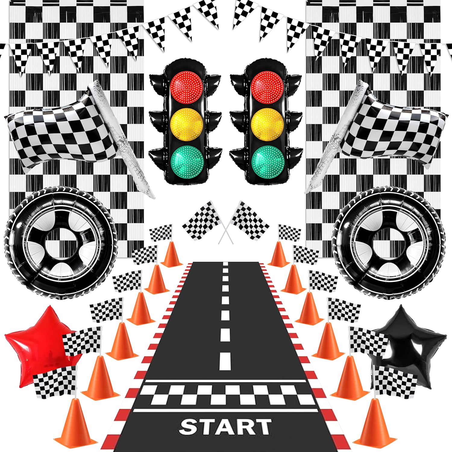 Letsroar Race Car Birthday Party Decorations - Race Car Party Decorations Include Racing Banner & Checkered Flags, Race Car Themed Foil Balloons & Fringe Curtains, Racetrack Floor Runner, Mini Cones