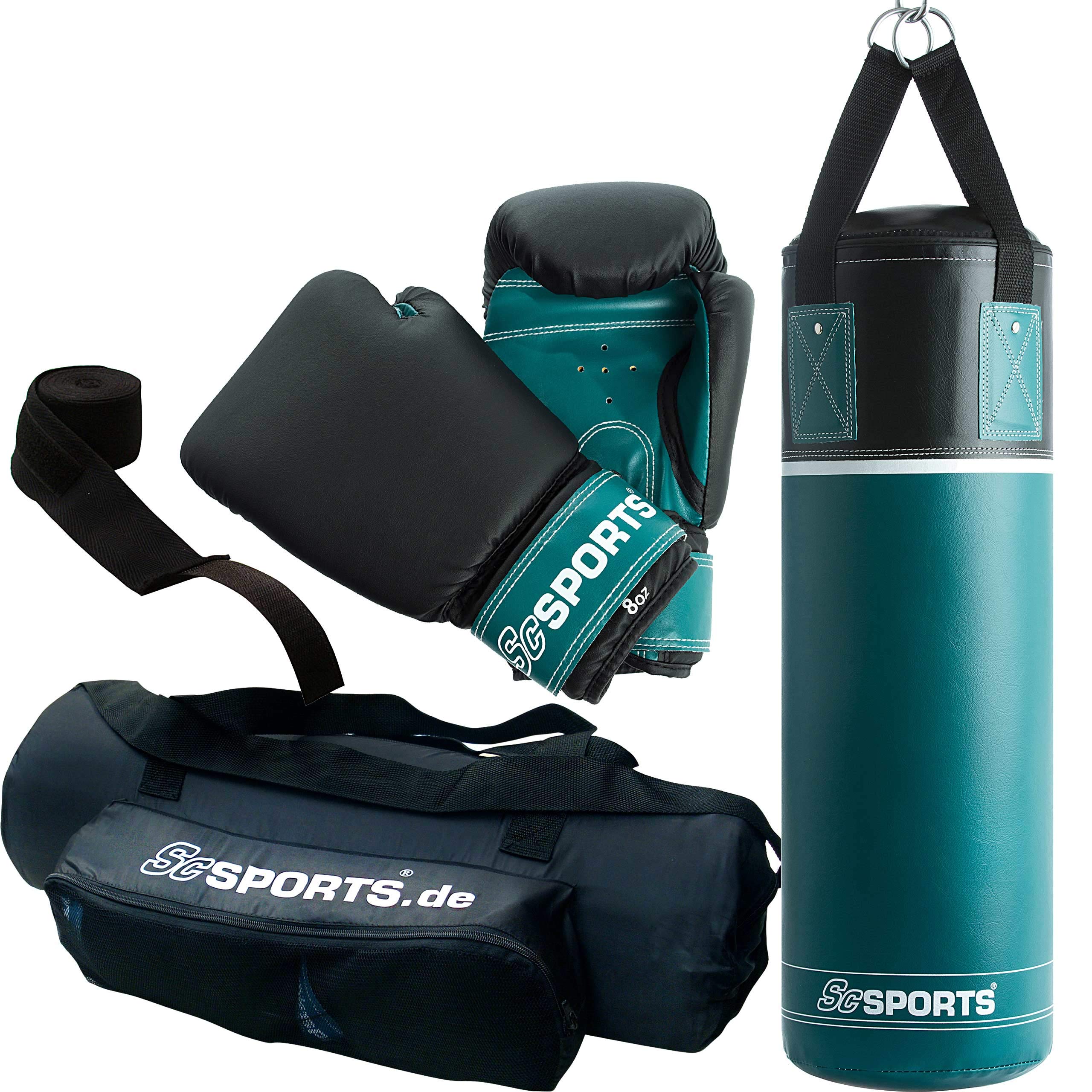 ScSPORTS Boxsack-Set, für Kinder und Jugendliche, Box-Set mit Boxhandschuhen, Boxbandagen und Tasche, 5,5 kg, petrol-blau schwarz