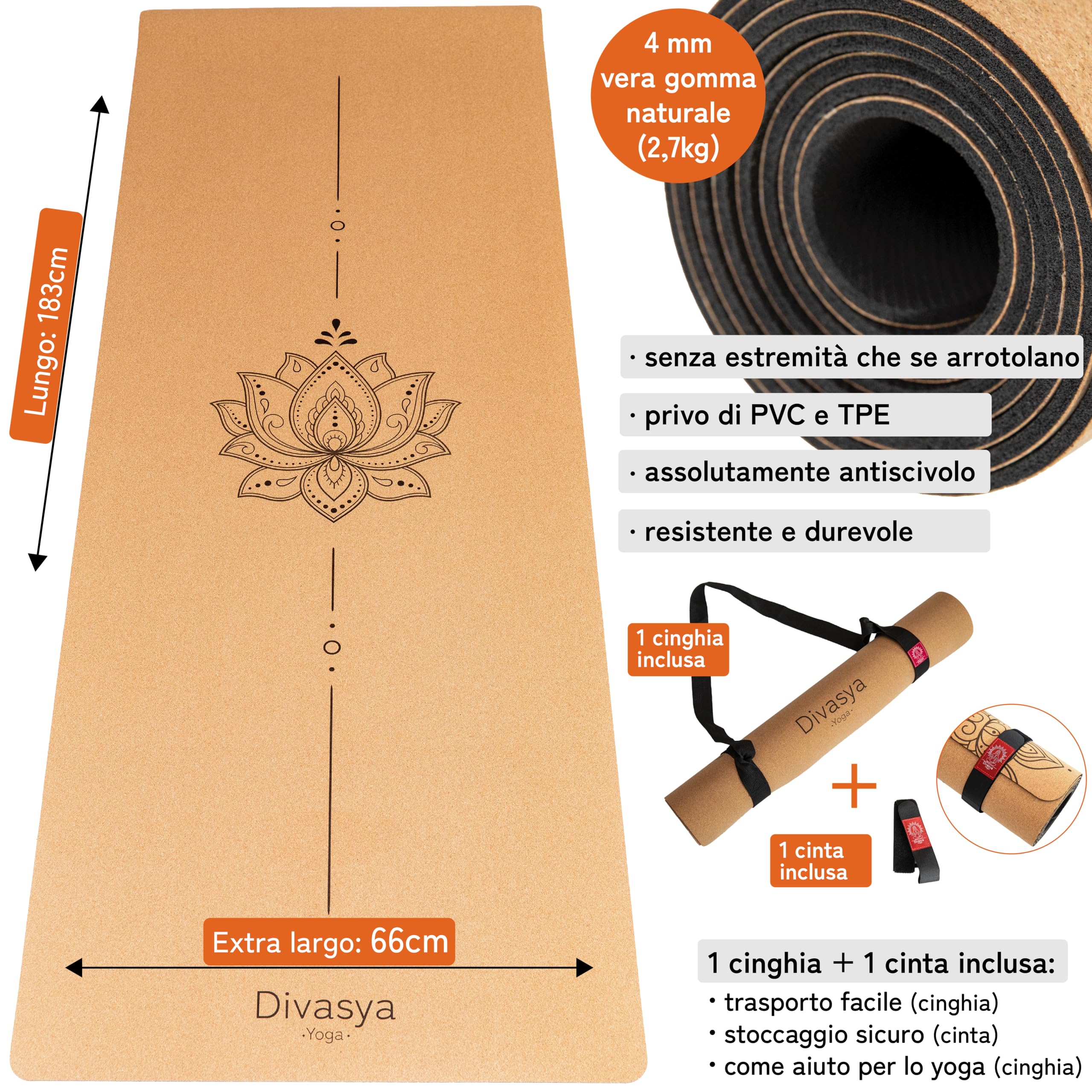 Tappetino yoga sughero premium, 100% naturale: in gomma naturale antiscivolo e sughero, Tappeto yoga extra-largo e spesso (183x66x0,4cm), sostenibile e senza sostanze