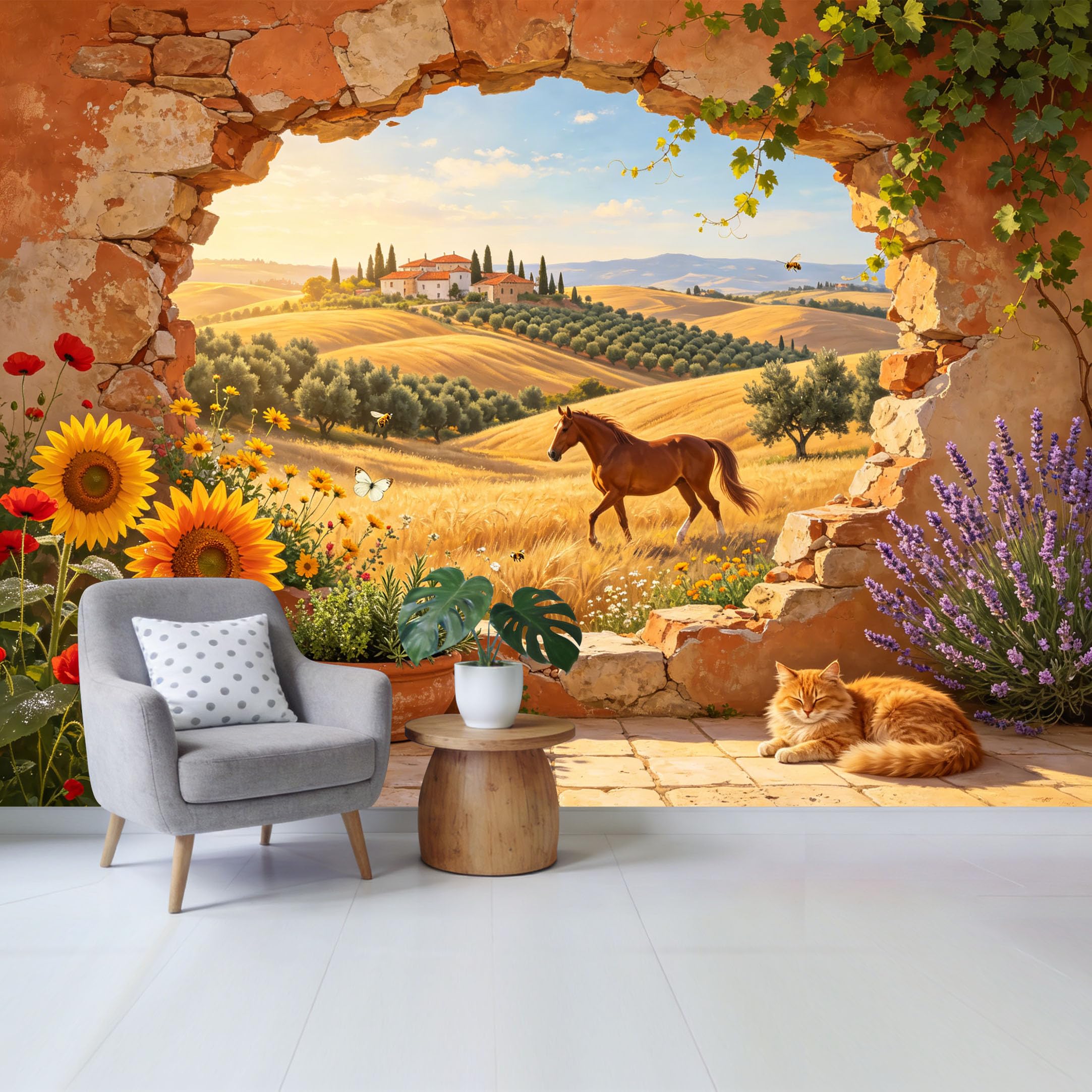 Custom Size Wall Mural Tuscany Landscape Horse Field View Sunflower Lavender Farmhouse Removable Self Adhesive Fabric Home Wall Decor for Living Room Bedroom Bathroom