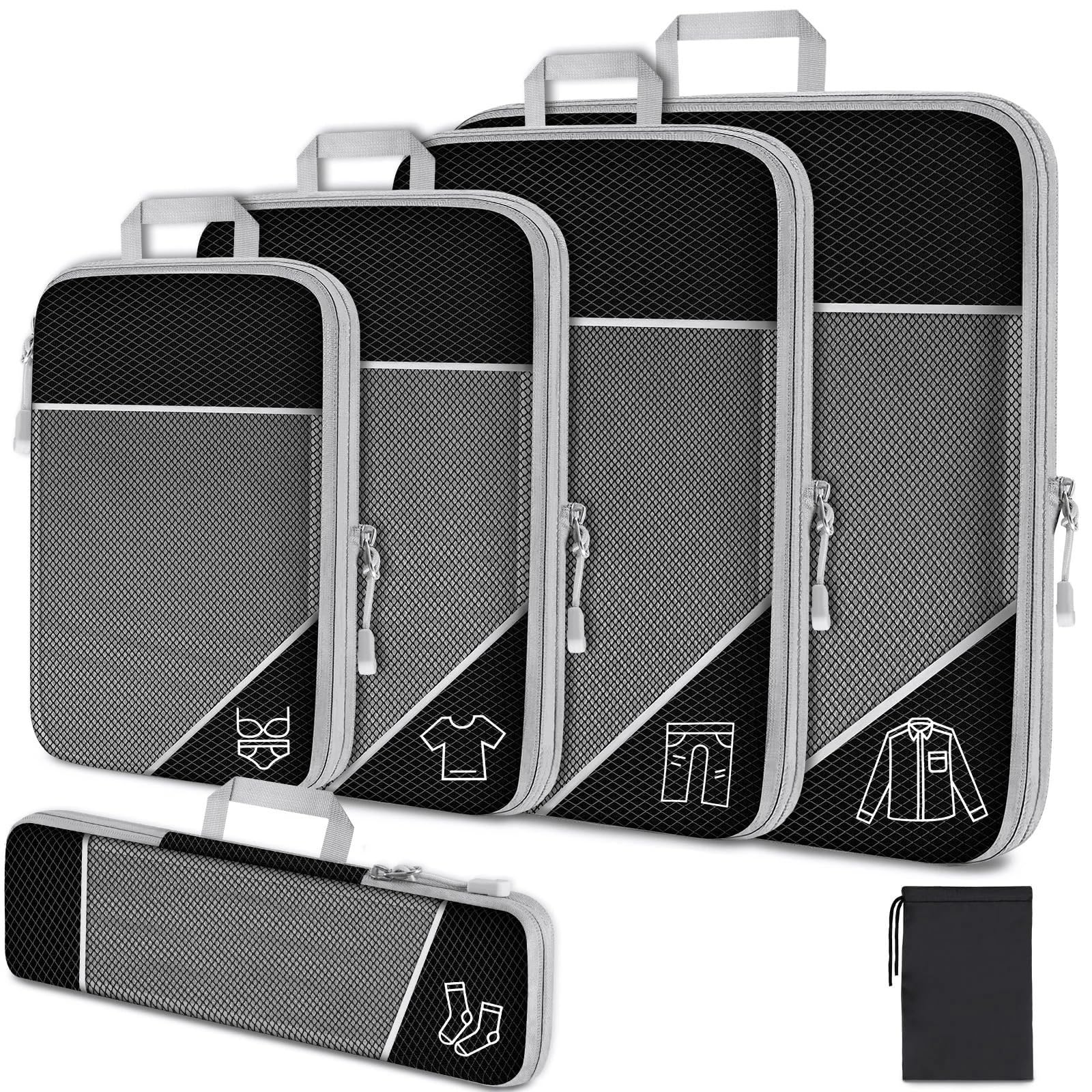 6 Pieces Compressed Packing Cubes Travel Storage Organizer Set With Portable Lightweight Suitcase Bags Shoe Bag Mesh Luggage para Ropa, Ropa Interior(6PCS Set Black)