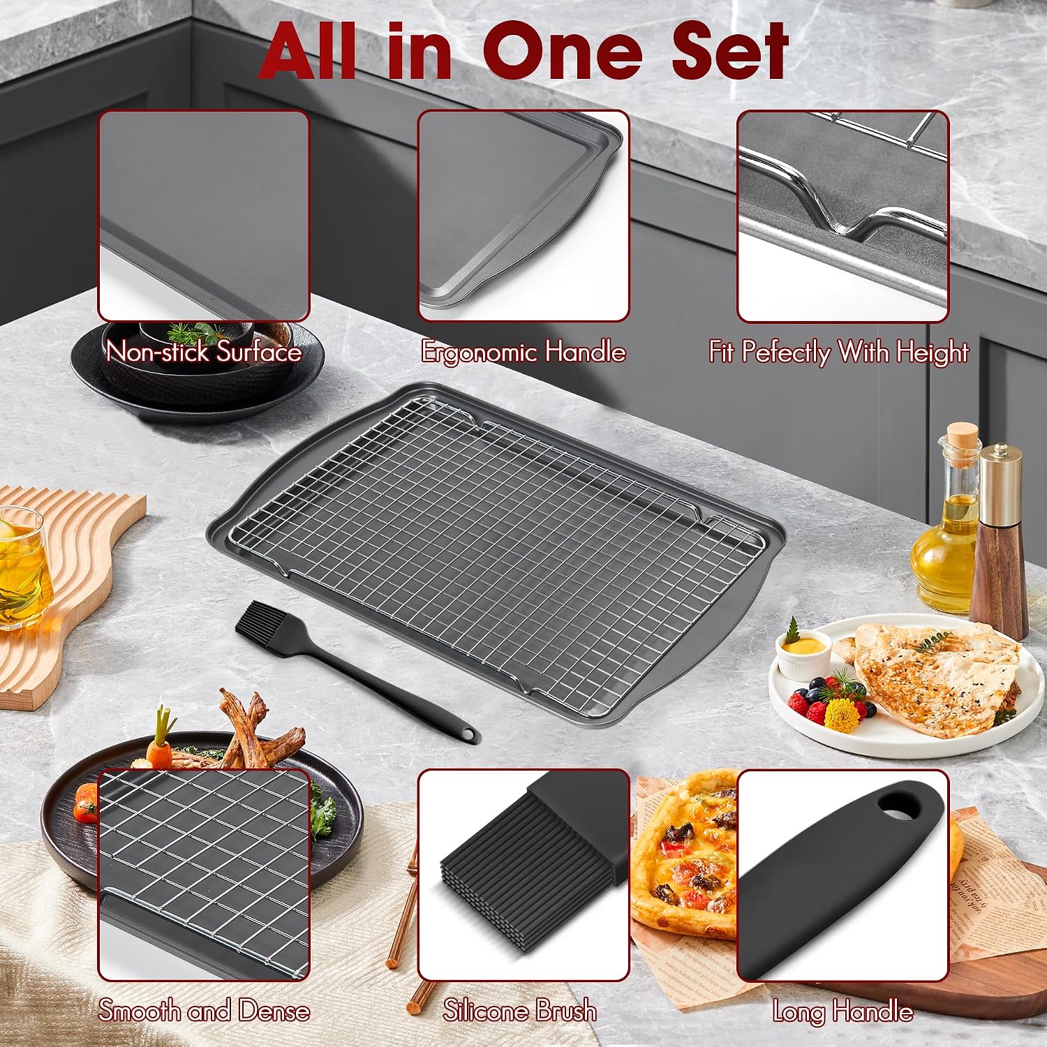 ShineMe Baking Sheet Pan with Cooling Rack 3 Pack, Nonstick Sheet Pan with Wire Rack and Silicone Pastry Brush, Carbon Steel Baking Pans for Cookie, Bacon and Vegetables 17x12x0.5in