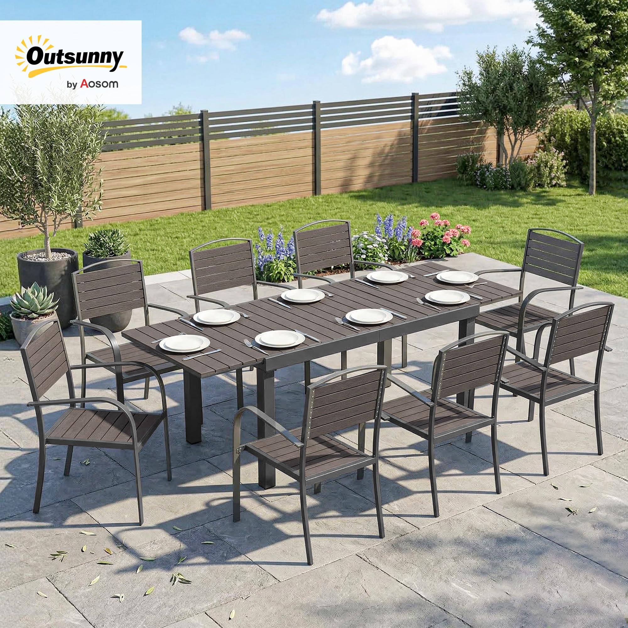 Outsunny Set Tavolo e Sedie da Giardino 9 Pezzi Pranzo Allungabile Grigio | Piano in Plastica-Legno, 8 Sedie a Doghe, Struttura in Alluminio, per Terrazza Balcone