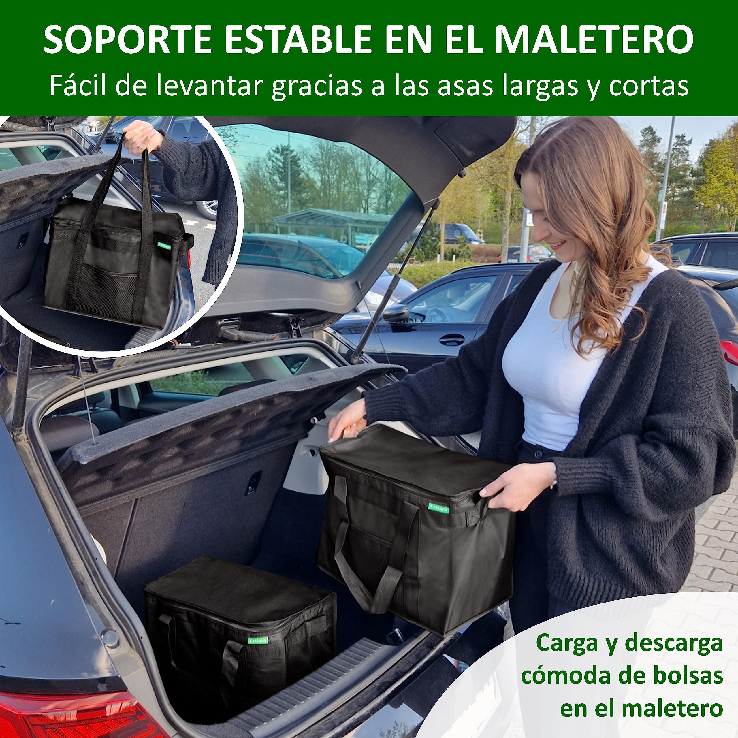 COTTARA Bolsa isotérmica plegable, 2 unidades, bolsa de la compra grande con base reforzada, ideal como bolsa aislante, cesta de la compra, bolsa de picnic, color Negro, talla 40 x 24 x 31 cm