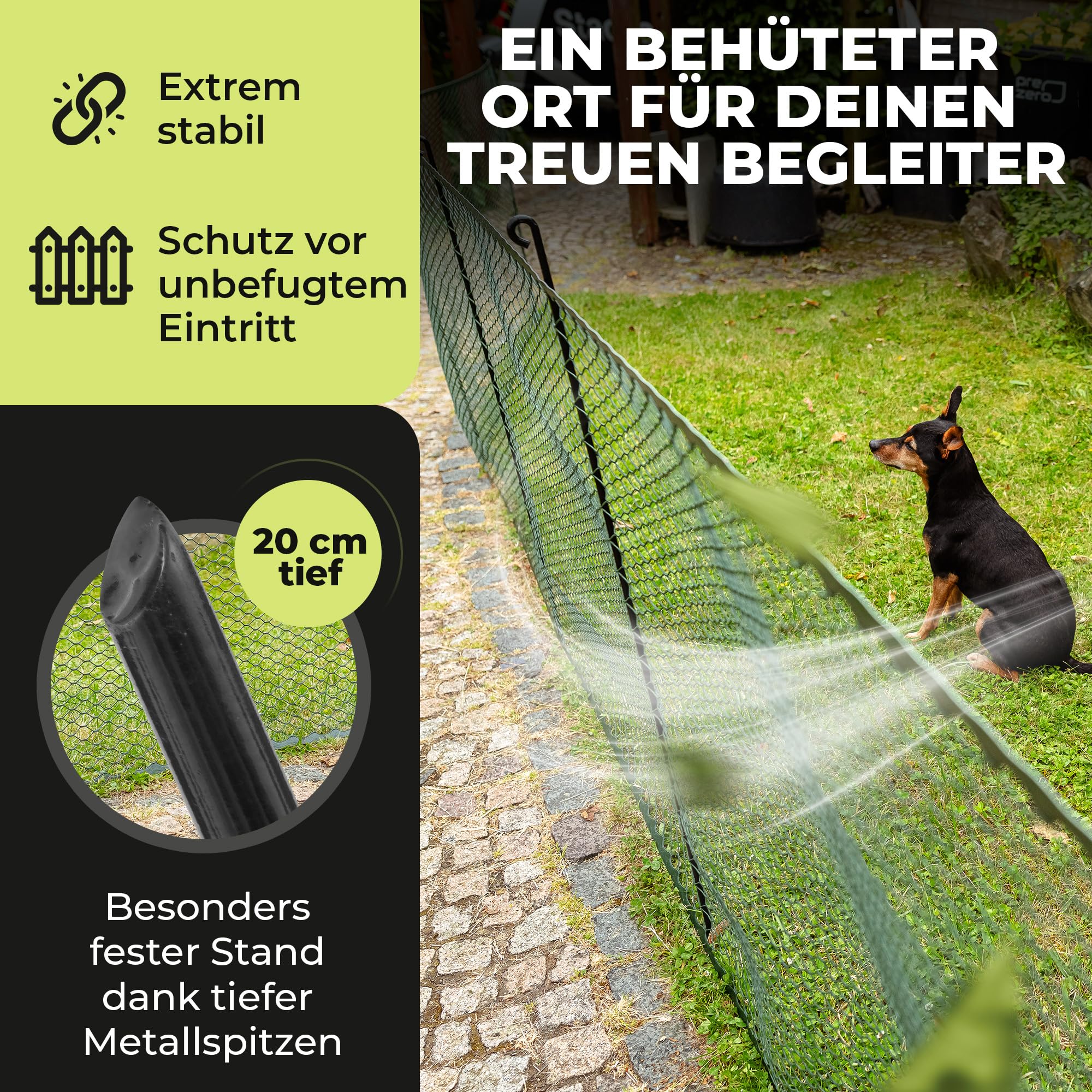 Hundezaun 25m lang 90cm hoch SCHWARZ [TESTSIEGER] inkl. 21x Stäbe & 25x Erdanker | Begrenzungszaun Robust & Mobil | Flexibler Zaun für Hunde | Sorgloser Hundeauslauf im Garten & Camping