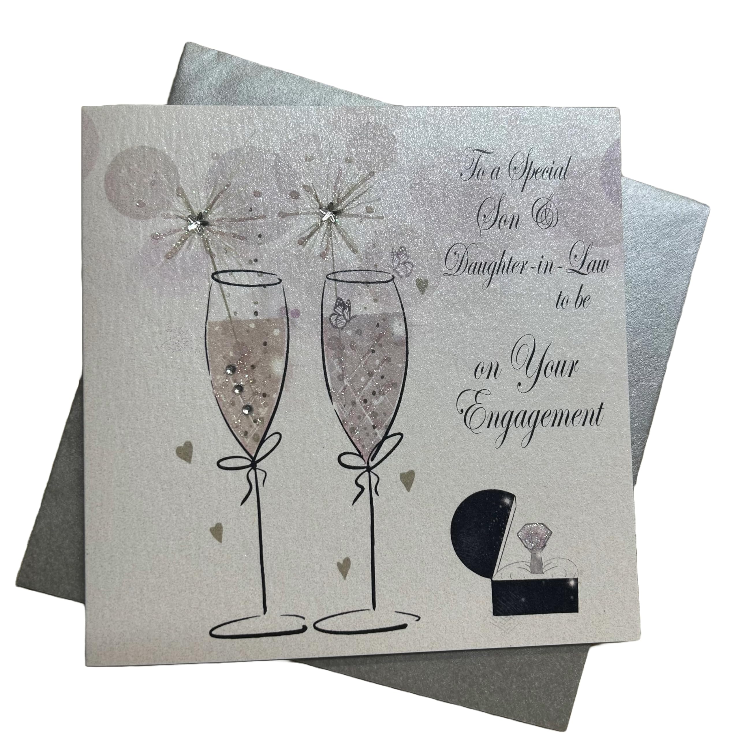 WHITE COTTON CARDS "To A Special Son & Daughter-in-Law On Your Engagement, Champagne Flutes Handmade Card, bd3-es