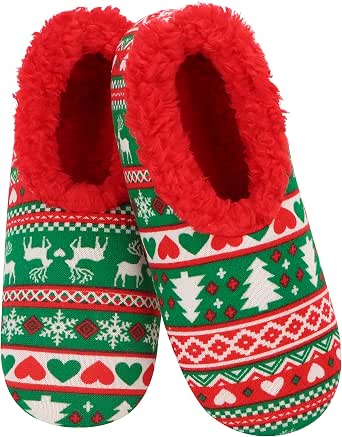 Snoozies Women's Christmas Jacquard Slippers – Fleece-Lined Holiday Slippers
