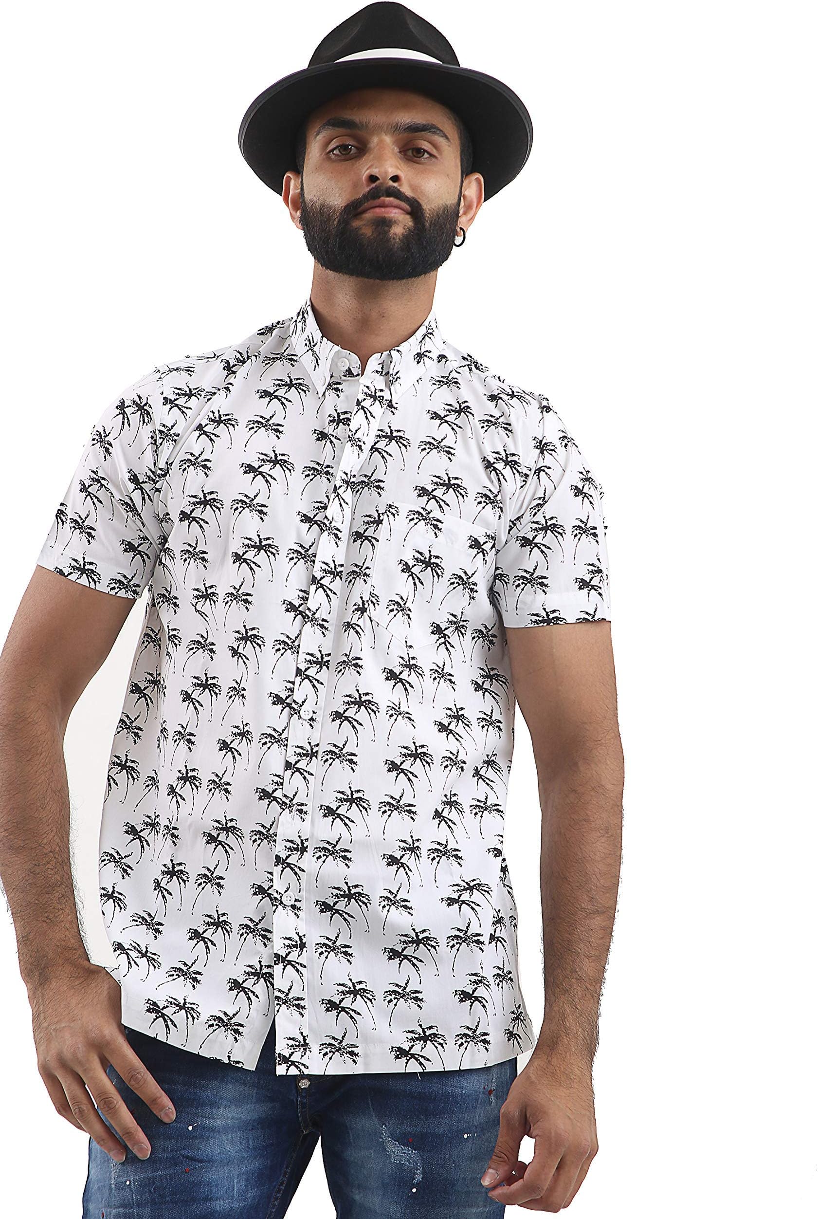– Brooklyn Mens Hawaiian Holiday Shirt Casual Smart Designer Navy White Short Sleeve Comfy Size M - XXL
