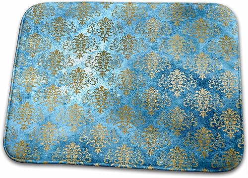 Dish Drying Mat - Pretty Blue and Gold Distressed Damask Patterns