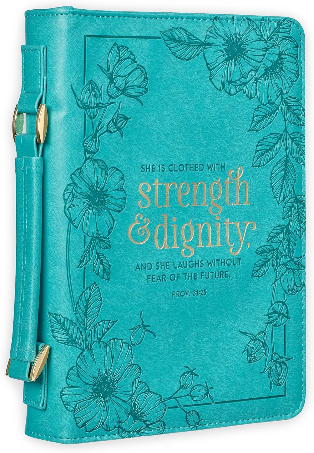 Christian Art Gifts Women's Fashion Bible Cover Strength and Dignity Proverbs 31:25, Teal Faux Leather, XL