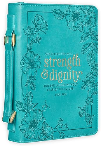 Christian Art Gifts Funda de Biblia de moda para mujer, Proverbios de fuerza y dignidad, Proverbios 3125, piel sintética verde azulado, talla M