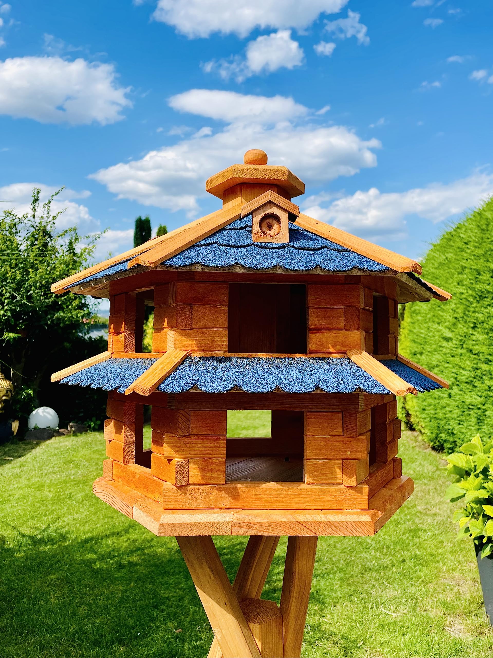 Vogelvilla XL - Comedero hexagonal doble para pájaros con soporte, color marrón y azul