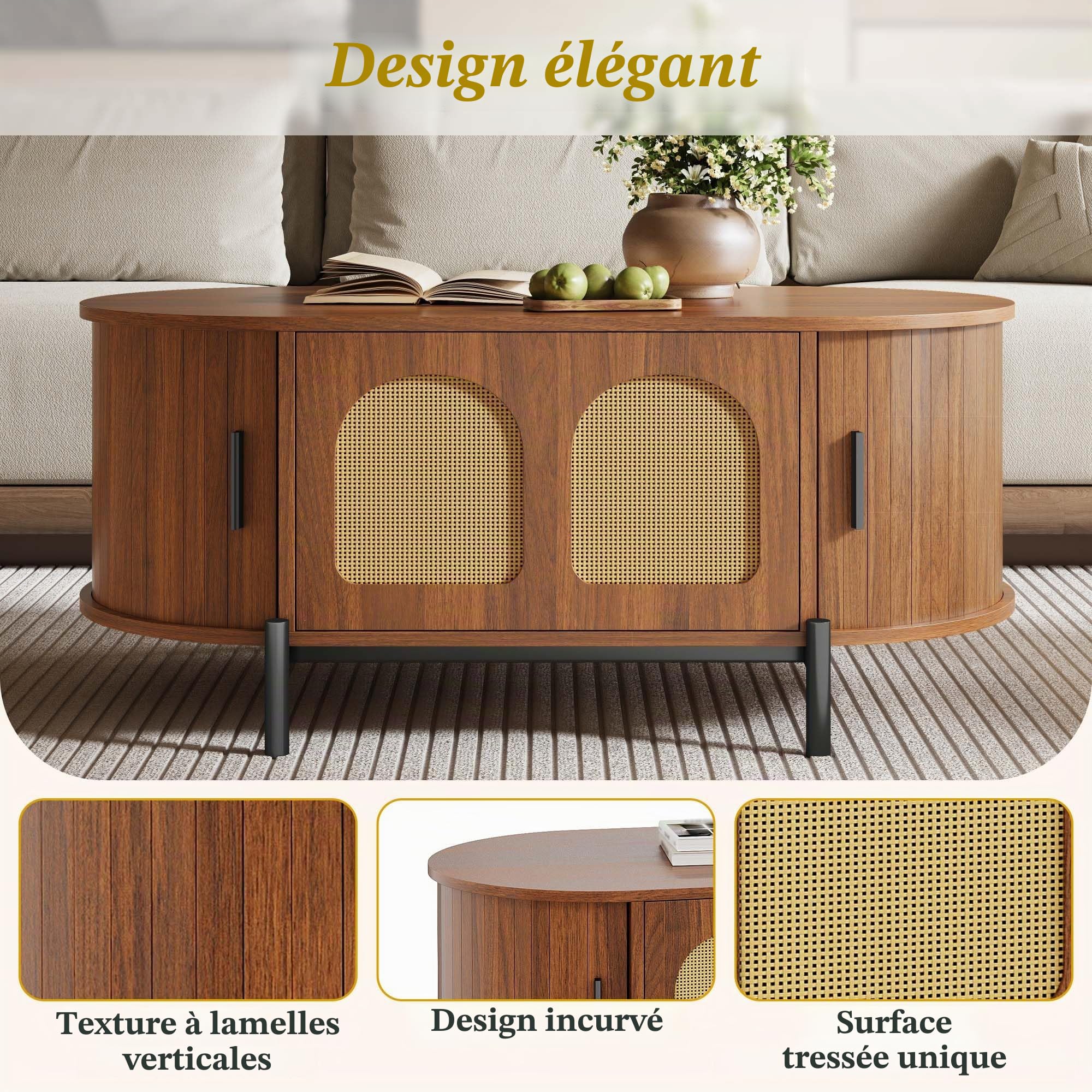 Merax Table basse en noyer avec espace de rangement, table de salon aspect bois avec portes coulissantes en rotin et pieds en métal, table d'appoint moderne pour salon, 100 x 50 x 40 cm (L x l x H)