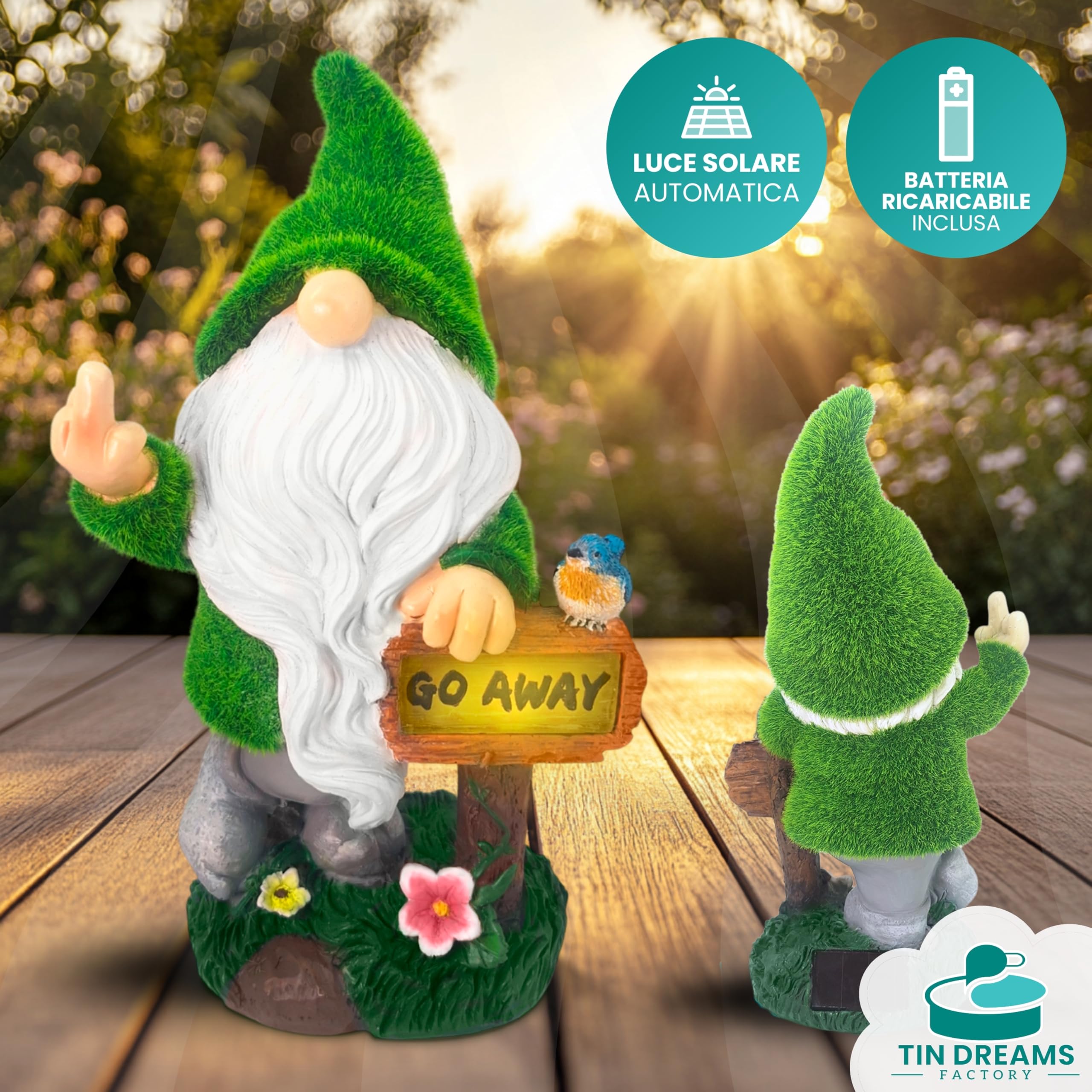 Nano da Giardino Divertente con Dito Medio e Luce Solare – Statua in Resina per Esterni – Decorazione Umoristica per Giardino, Terrazzo e Balcone – 28 cm