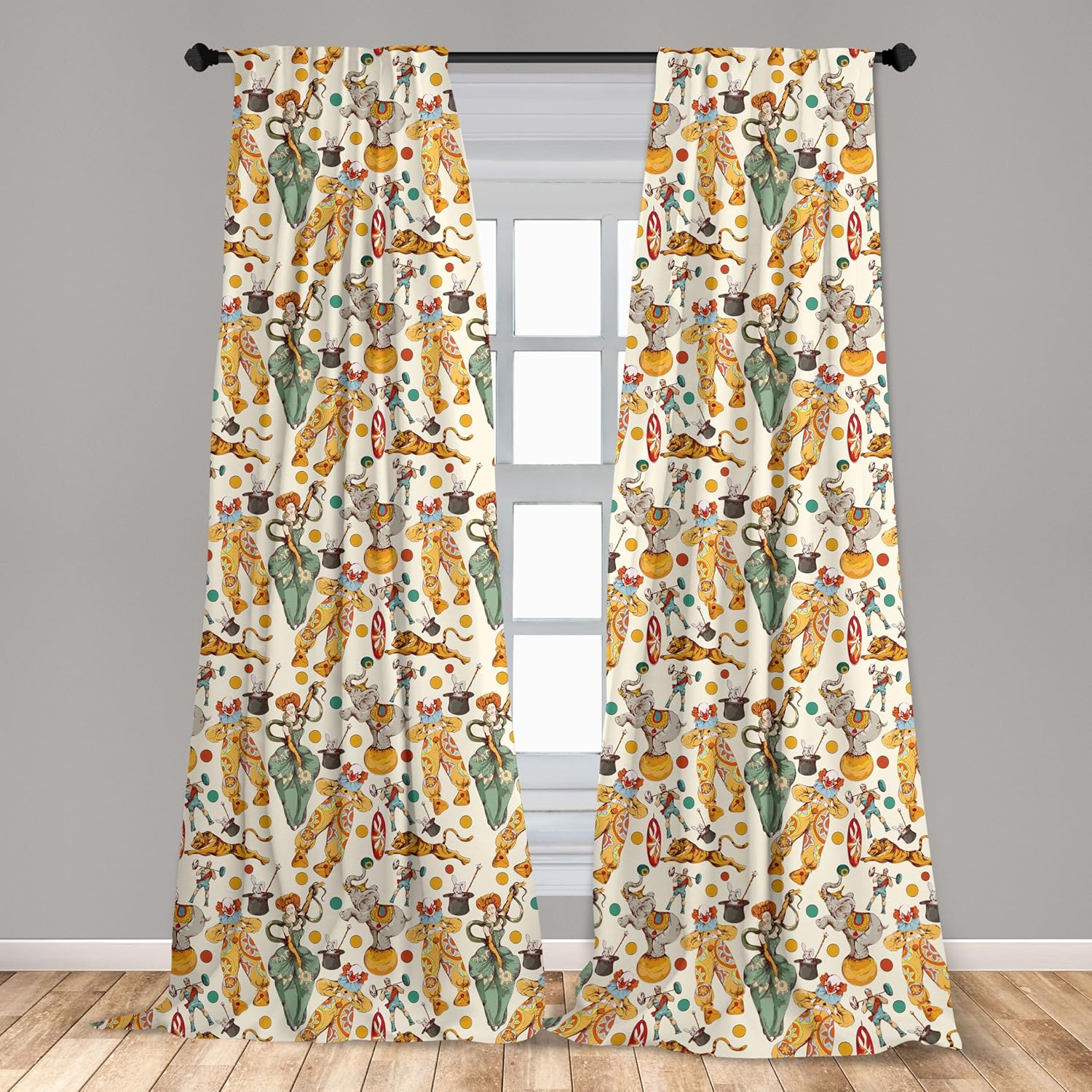 Ambesonne Circus Window Curtains, Vintage Clown and The Wand Doing a Trick Doodle Style Design Funny Design, Lightweight Decor 2-Panel Set with Rod Pocket, Pair of - 28" x 84", Cream Yellow