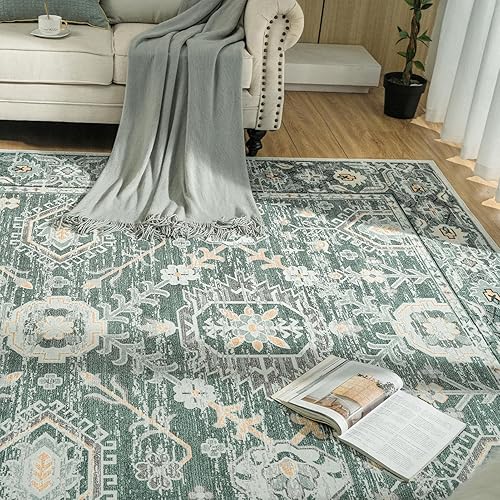 Miniatura 8 de Alfombra lavable de 4 x 6, diseño vintage, lavable a máquina, parte trasera antideslizante para sala de estar, dormitorio, alfombra lavable verde