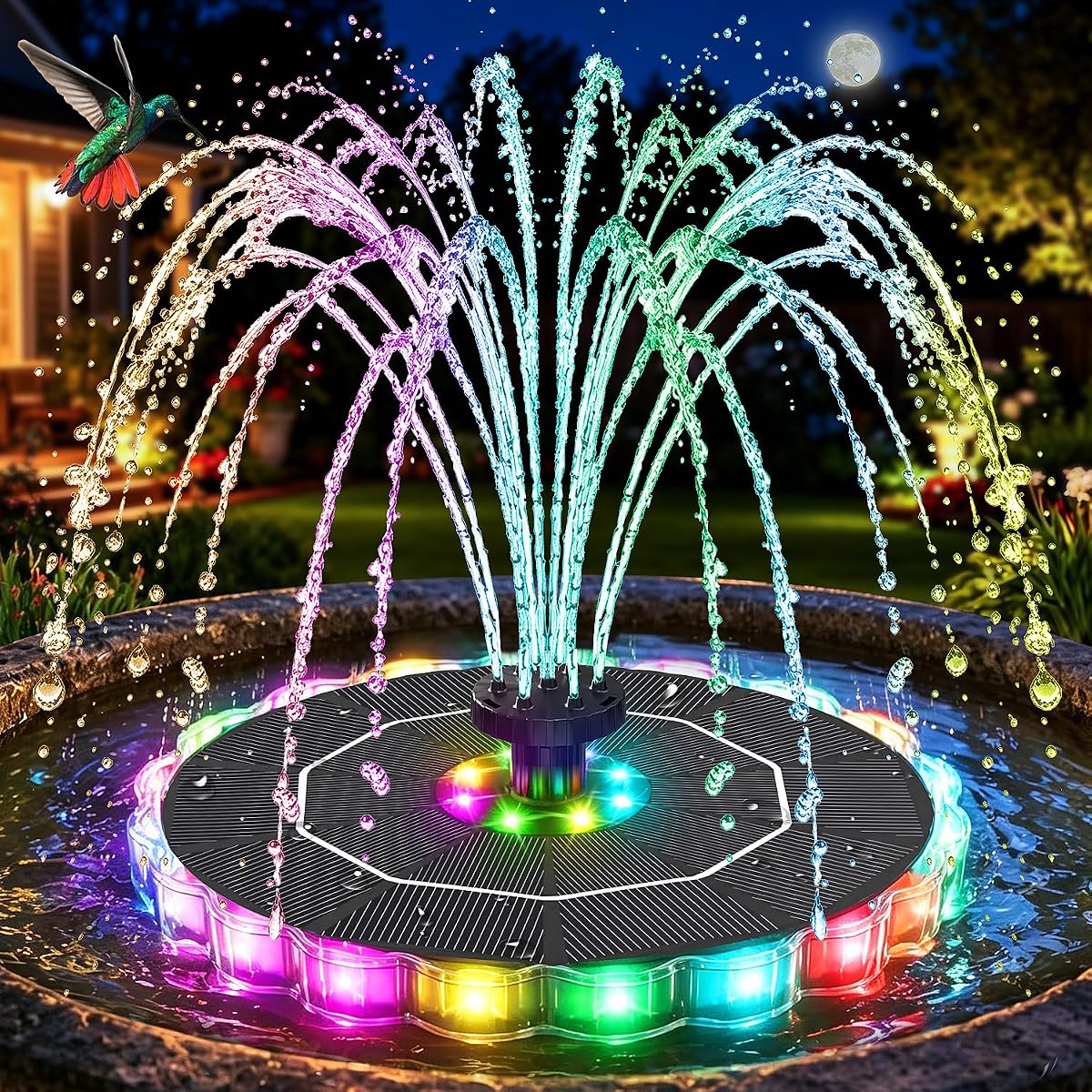 Solar Fountain, 2026 Upgrade 3.5W Solar Bird Bath Fountains with Colorful Ring LED Lights, 2000mAh Battery, 7 Nozzles and 4 Fixers, Solar Water Fountain Pump for Pond, Pool, Patio and Garden