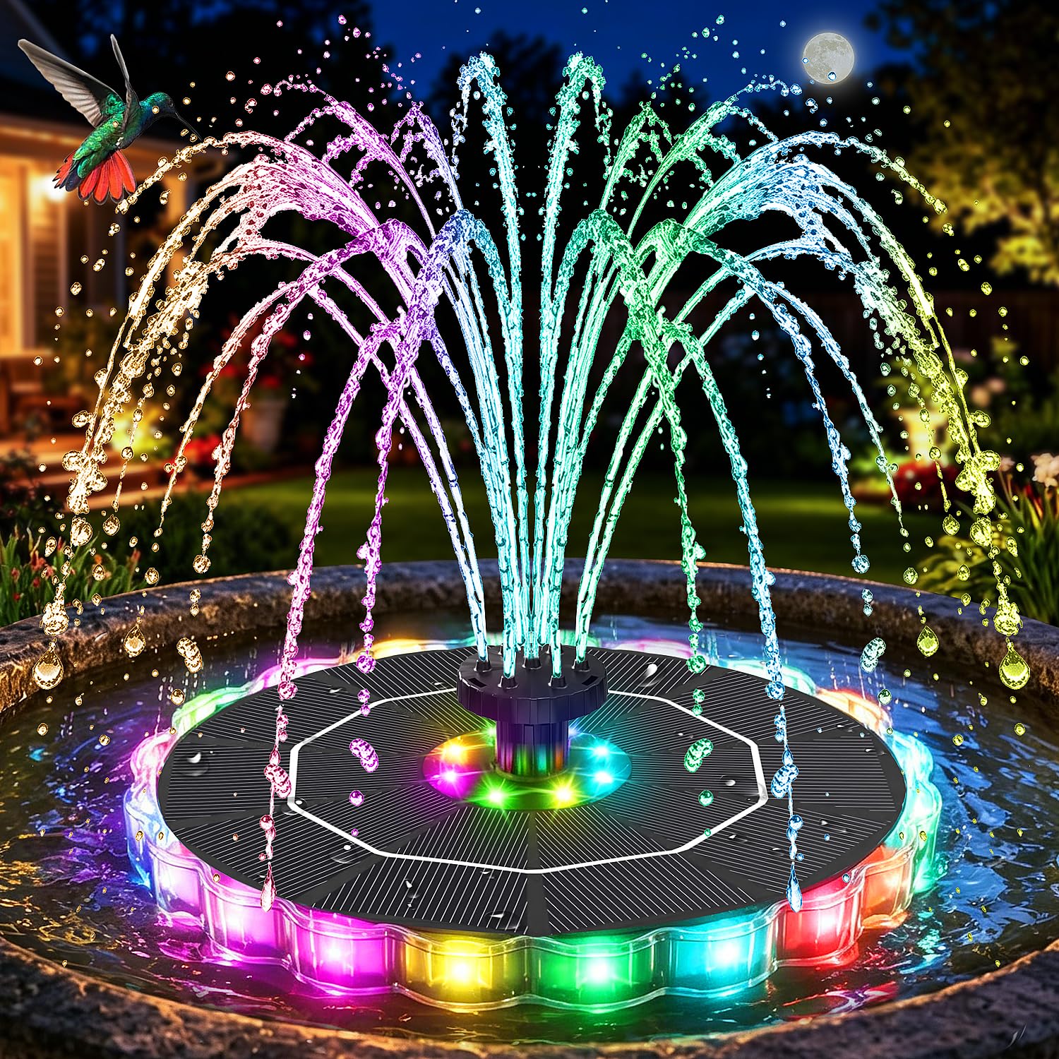 Photo 1 of GAIZERL Solar Fountain, 2026 Upgrade 3.5W Solar Bird Bath Fountains with Colorful Ring LED Lights, 2000mAh Battery, 7 Nozzles and 4 Fixers, Solar Water Fountain Pump for Pond, Pool, Patio and Garden