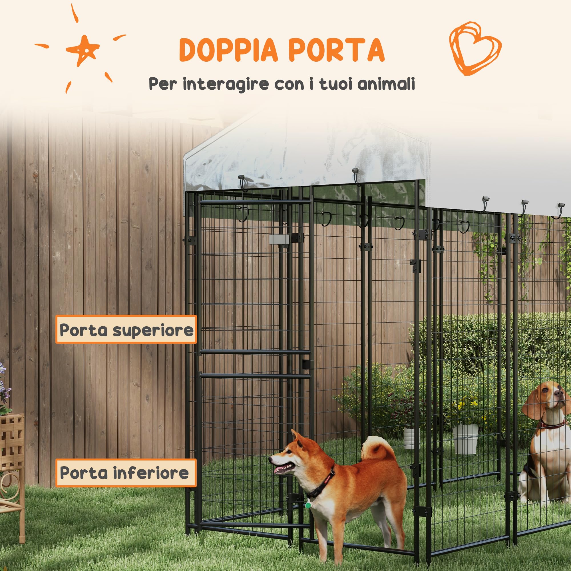 PawHut Recinto per Cani da Esterno Tetto Anti-UV 239x121x183cm Argento
