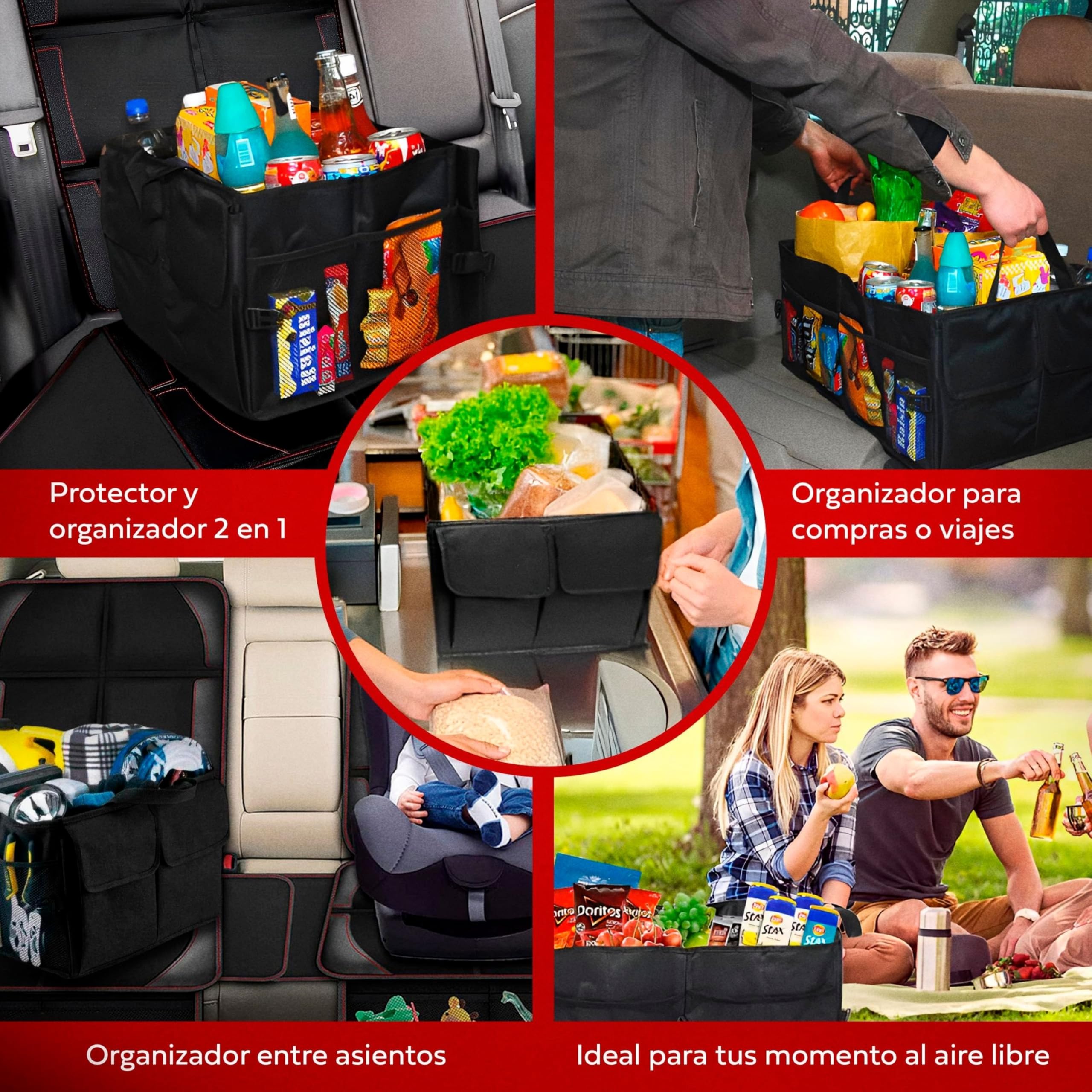Organizador Maletero Coche Plegable - Flexible - Impermeable | 3 Compartimentos y 6 Bolsillos │ Asas Reforzadas │ Tamaño Adecuado para Coche, SUV o Furgoneta │ Mantén el Maletero Ordenado