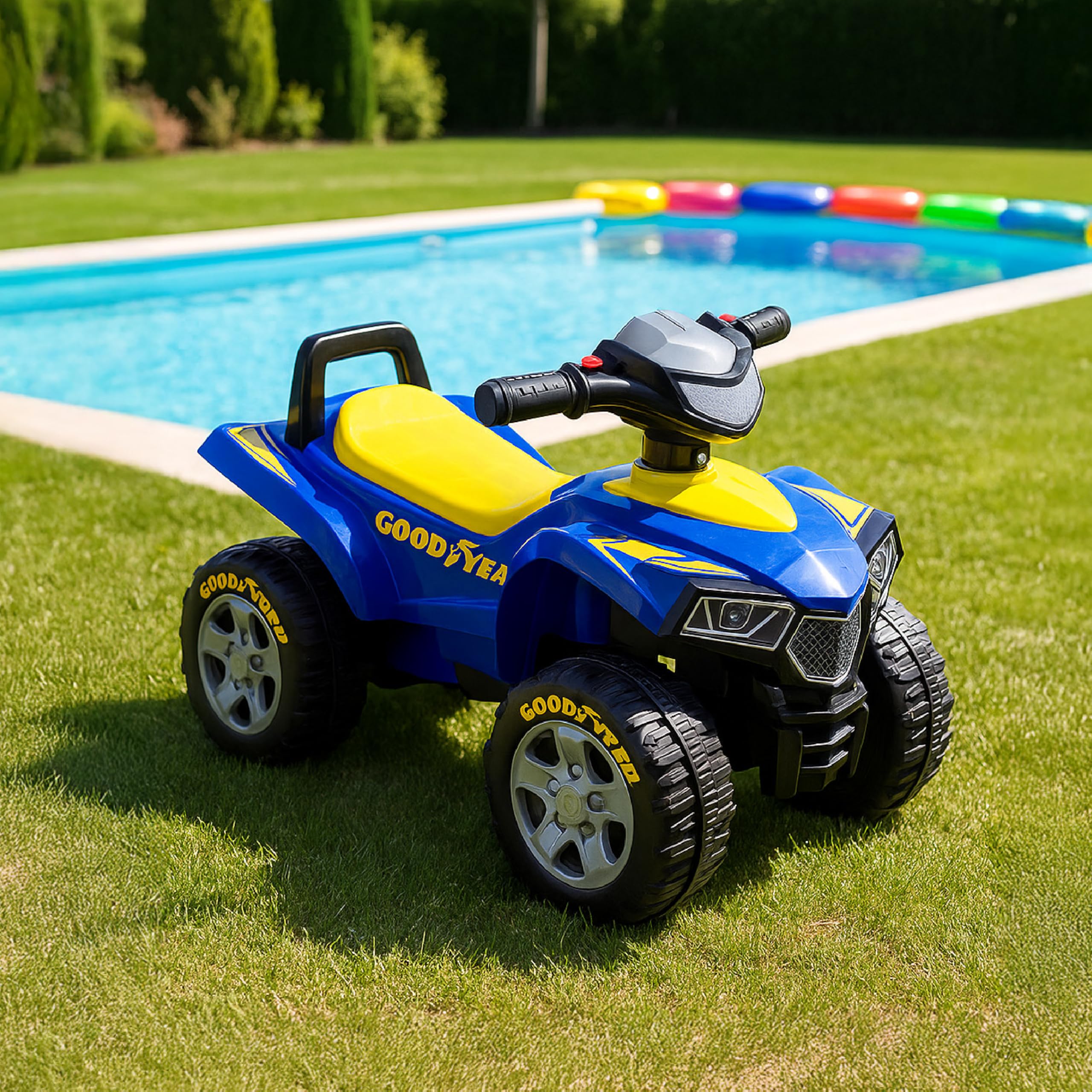 Baroni Toys Quad Giocattolo Cavalcabile per Bambini 18-36 Mesi con con Licenza GOODYEAR, Vano Portaoggetti, Suoni Realistici e Fari LED, Dispositivo Antiribaltamento, 38x60x42 cm