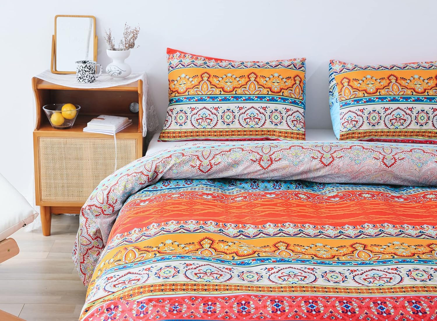 JANZAA Comforter Set Boho Comforter Set,Bohemian Comforter Set 3 PCS Boho Bedding(1 Queen Comforter Set &2 Pillow Cases) Bohemian Floral Pattern Bedding Set for All Season