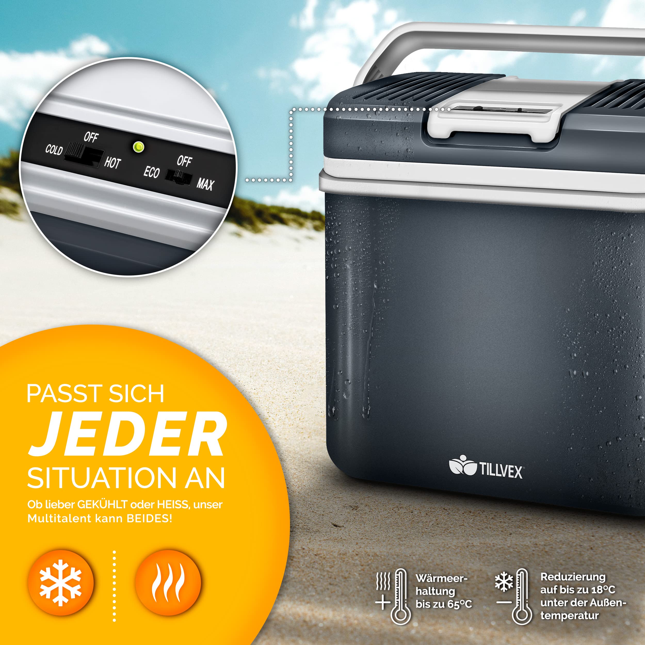tillvex Kühlbox elektrisch 24L | Mini-Kühlschrank 230 V und 12 V für KFZ Auto Camping | kühlt & wärmt | ECO-Modus