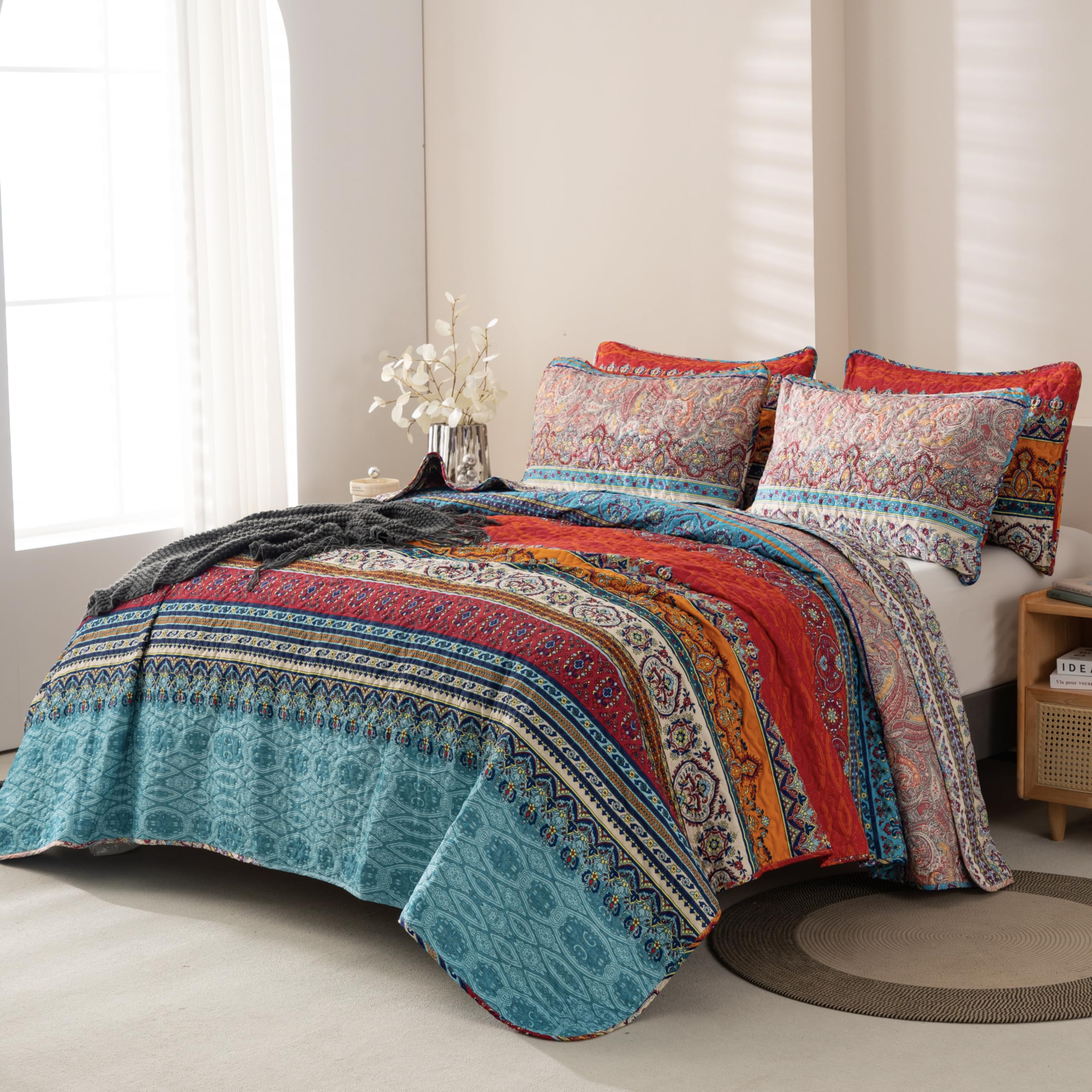 Set di biancheria da letto bohémien, per letto matrimoniale, 3 pezzi, in morbida microfibra, leggero, colorato, con copriletto a righe, esotico, giallo, arancione, bohémien, set di biancheria