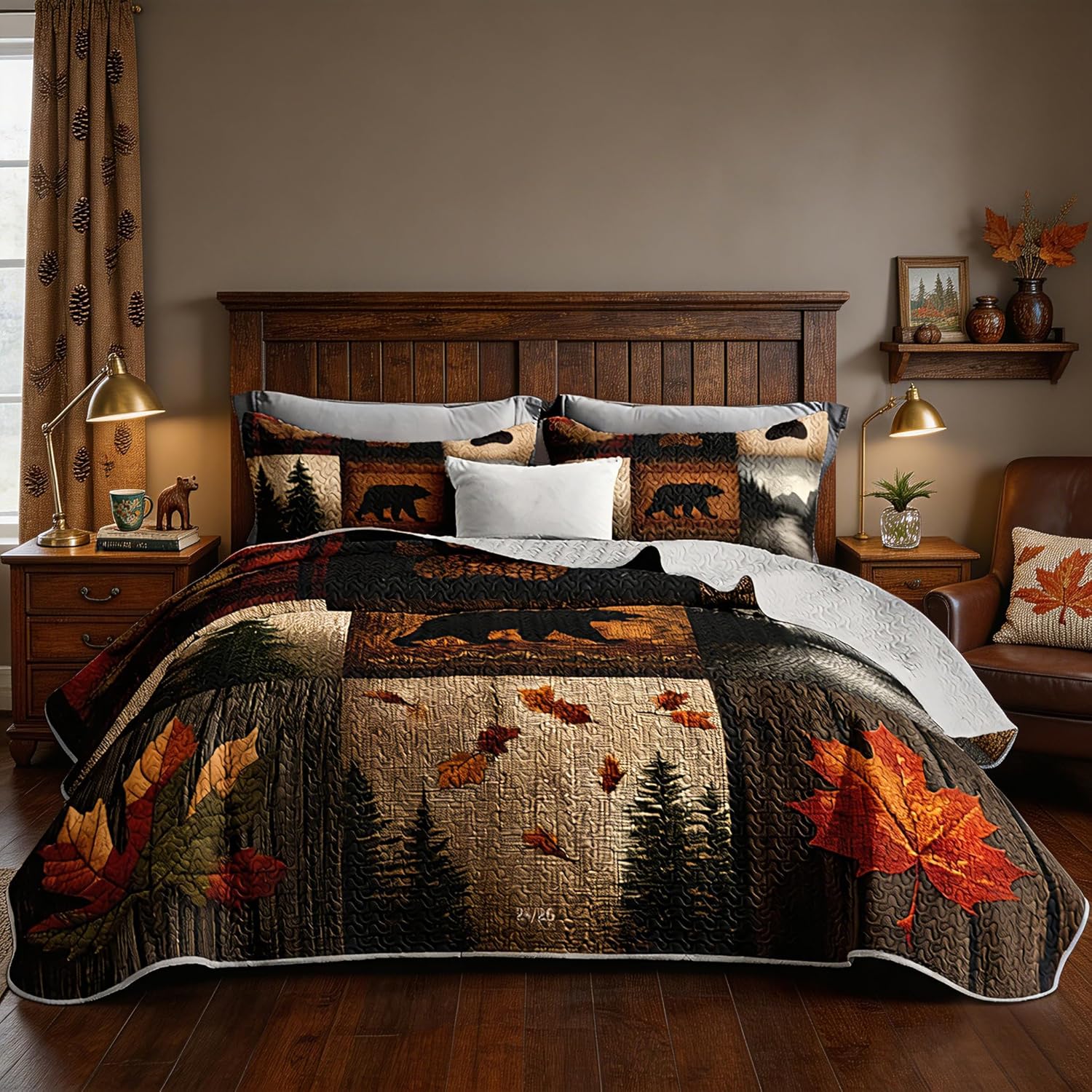 Hunting Themed Quilt King Size,Lightweight Cabin Plaid Bedding Set with 2 Pillowcases,Forest Tree Brown Bear Paw Printed Bed Sets for Adults Room Decor.