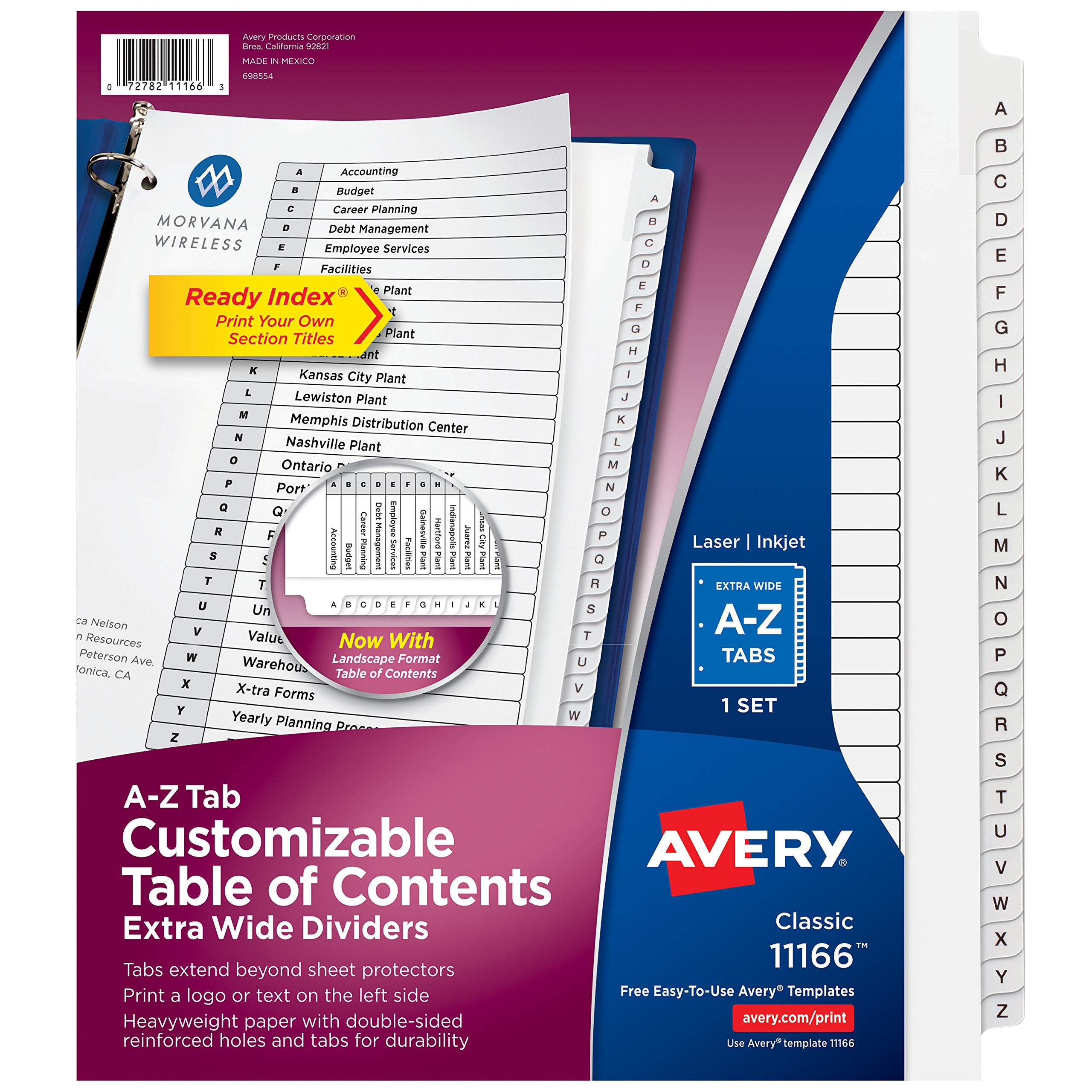 Avery A-Z Extra-Wide 3 Ring Binder Dividers, Customizable Table of Contents, Multicolor Tabs, 1 Set (11166),Black & White