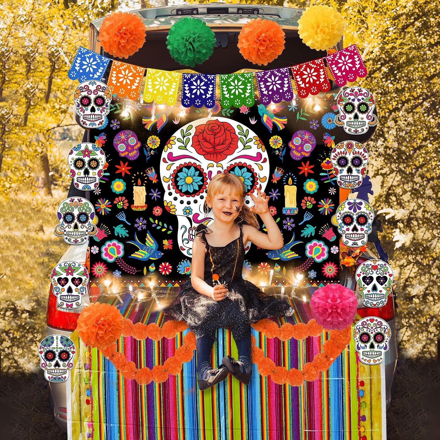 Halloween Trunk or Treat Car Decorations Kit Dia de los Muertos Outdoor Halloween Party Decoration with Backdrop Marigold Cards Table Runner Mexican Banners for SUV Archway Garage Outdoor Decorations