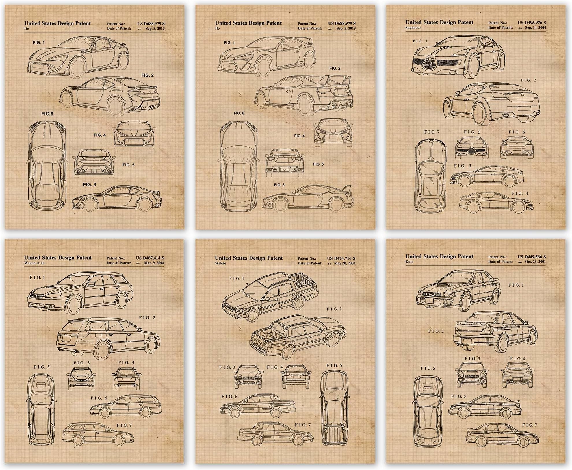 Classic Subie Automobile Patent Prints, 6 (8x10) Unframed Photos, Wall Art Decor Gift for Home Subaru Work Office Technical Machine Garage School Student Teacher Coach USA Rally Team Race Fans