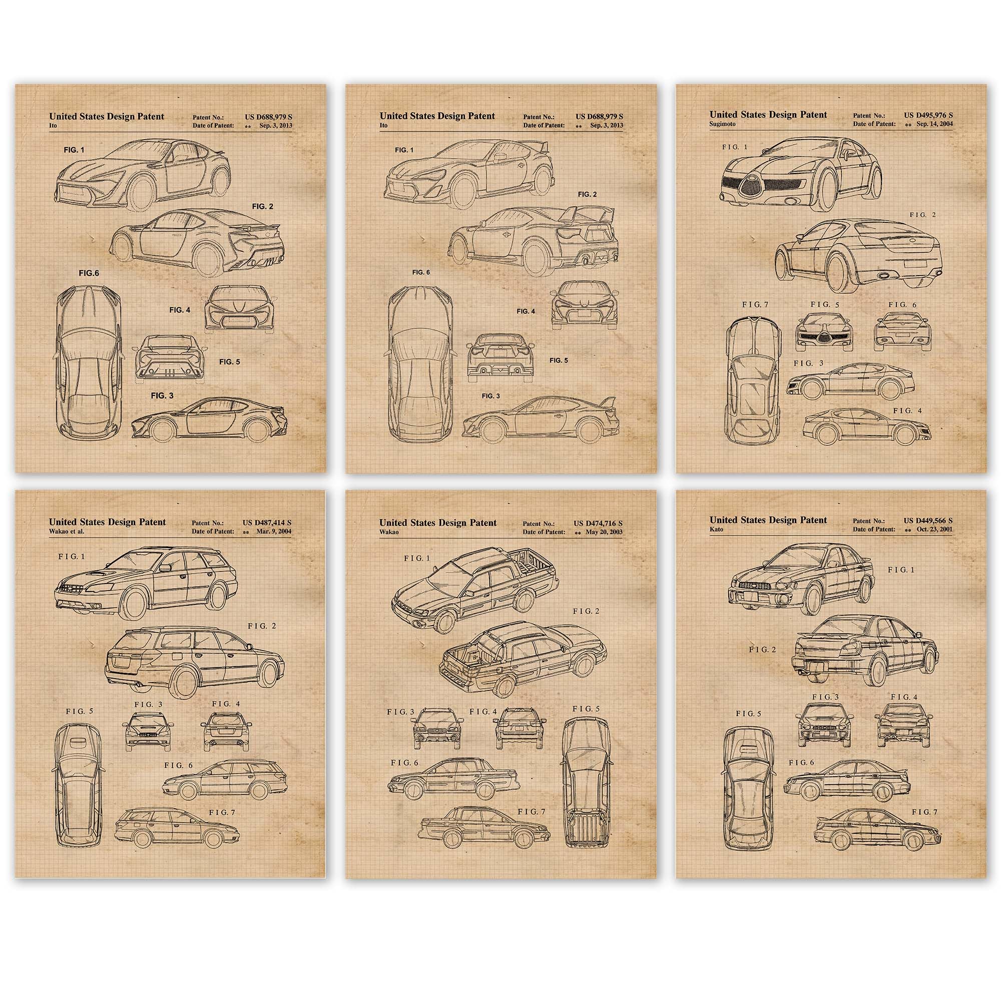 Classic Subie Automobile Patent Prints, 6 (8x10) Unframed Photos, Wall Art Decor Gift for Home Subaru Work Office Technical Machine Garage School Student Teacher Coach USA Rally Team Race Fans