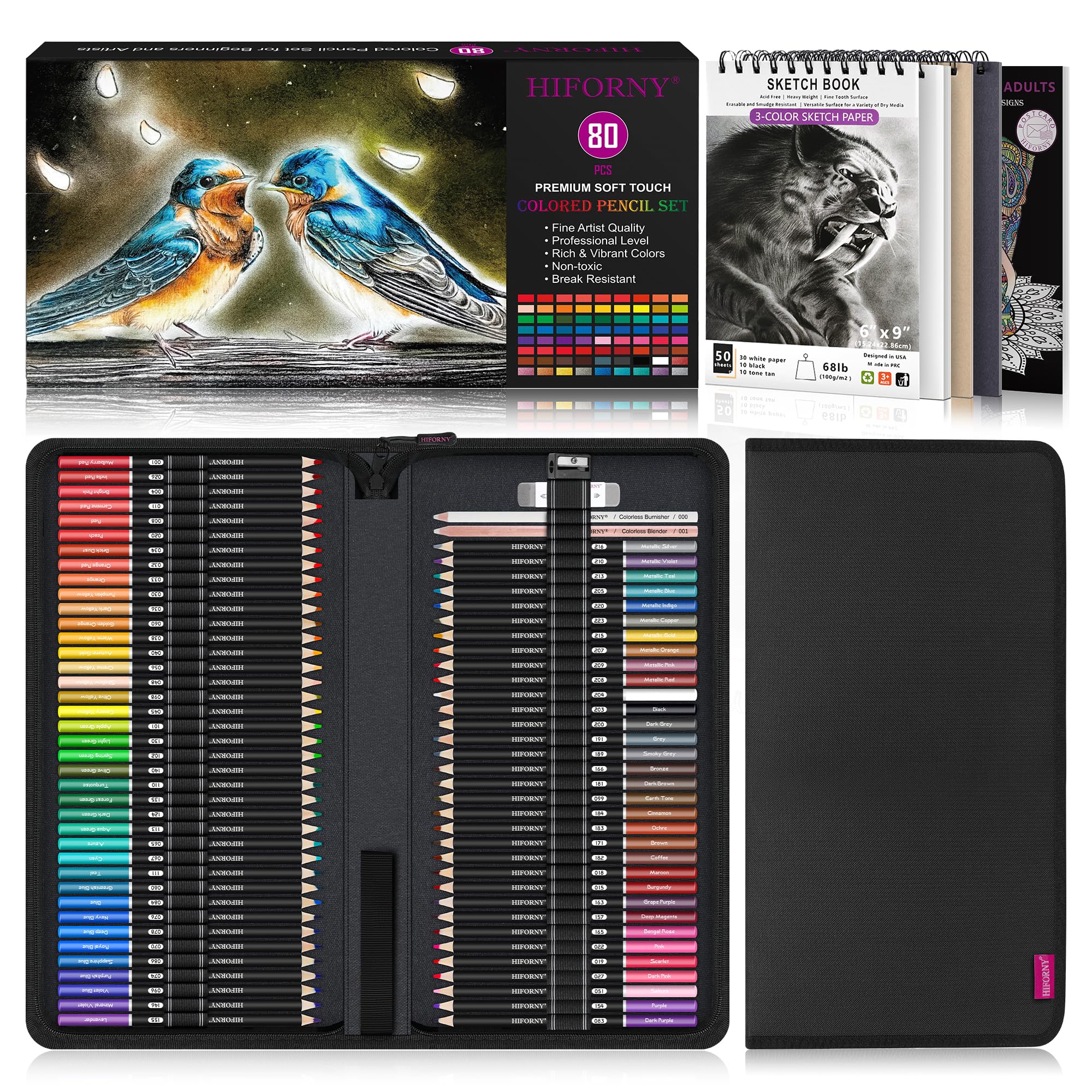 HIFORNY 大人用色鉛筆80本セット – スケッチブック、塗り絵、ブレンダー、バーニッシャー、消しゴム、シャープナー、カラーチャート付きソフトコア色鉛筆72本 – ギフトボックスとジッパーケース入り