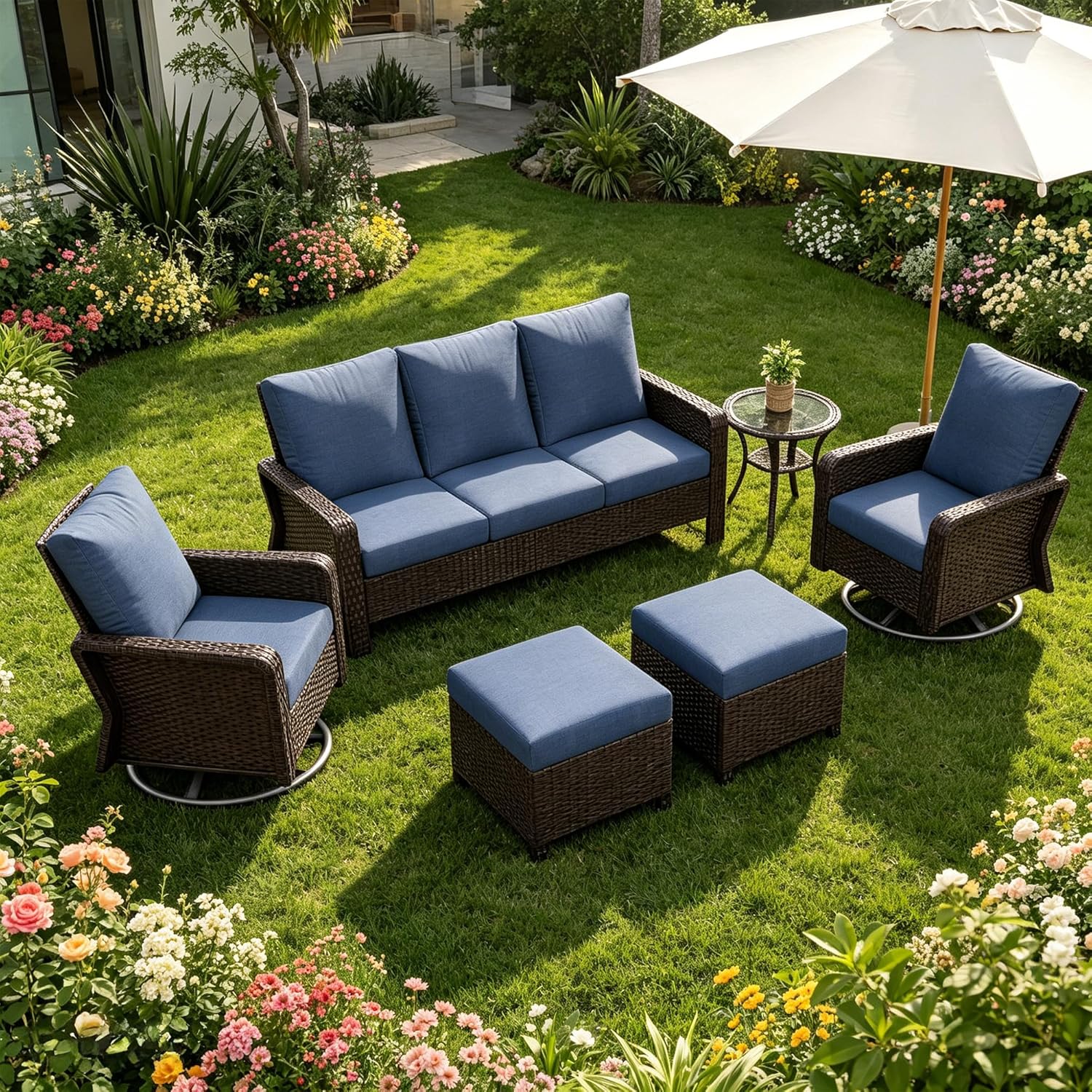 8-Piece Outdoor Patio Set, Three-Seater Sofa with Two Swivel Chairs, Two Footstools and Side Table, PE Wicker with Waterproof Fabric Cushions, Dark Coffee & Blue