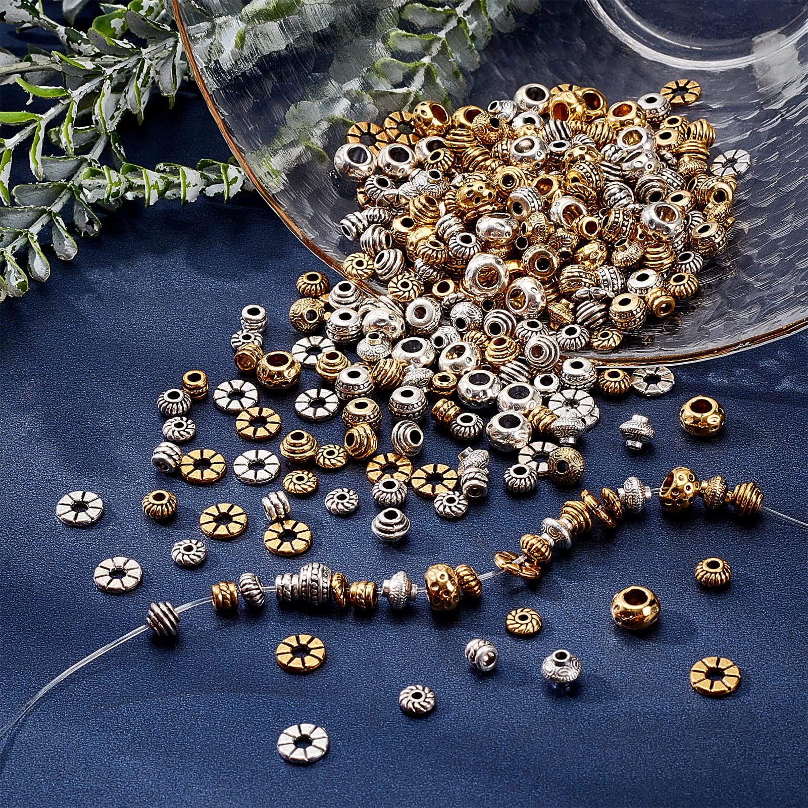 SUNNYCLUE 1 Scatola 100 Pezzi 10 Stile Barre Perline Connettore Bail Bead Tube Bails Hanger Stile Europeo Tibetano Anello in Lega Distanziatore Allentato Perline Foro Grande per Creazione di Gioielli