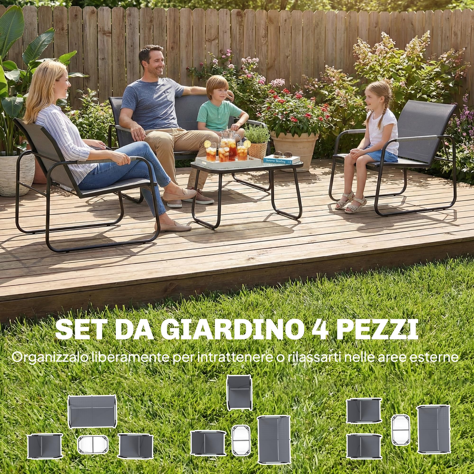 Outsunny Set Salotto da Giardino 4 Pezzi, Mobili da Giardino in Texteline con Tavolo in Vetro Temperato, Acciaio, Grigio