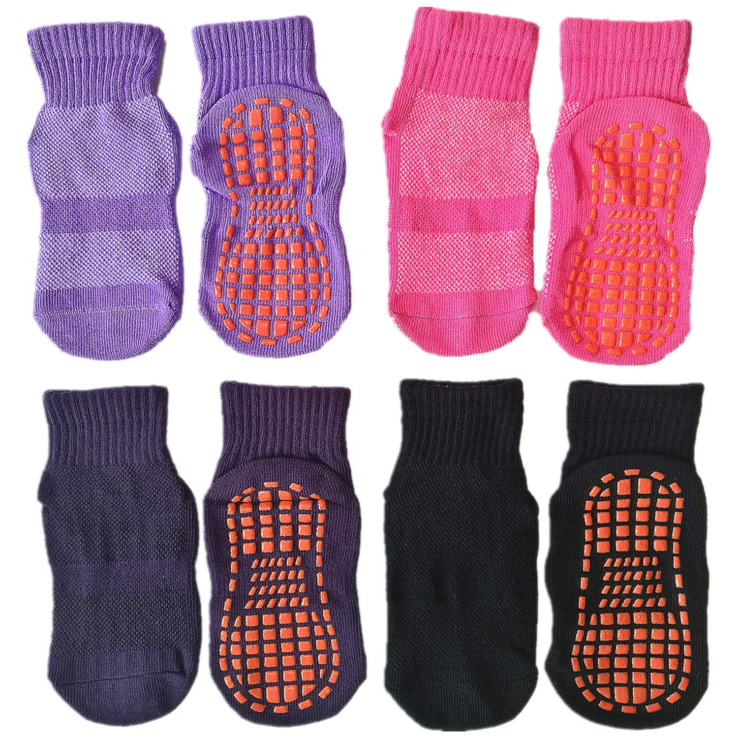 Leeshow 4Pairs Non Slip Trampoline Socks for Kids, Anti Skid Gripy Floor Socks for Exercises, Gym, Yoga and Pilates (6-9years, Black, Dark Purple, Purple, Pink)