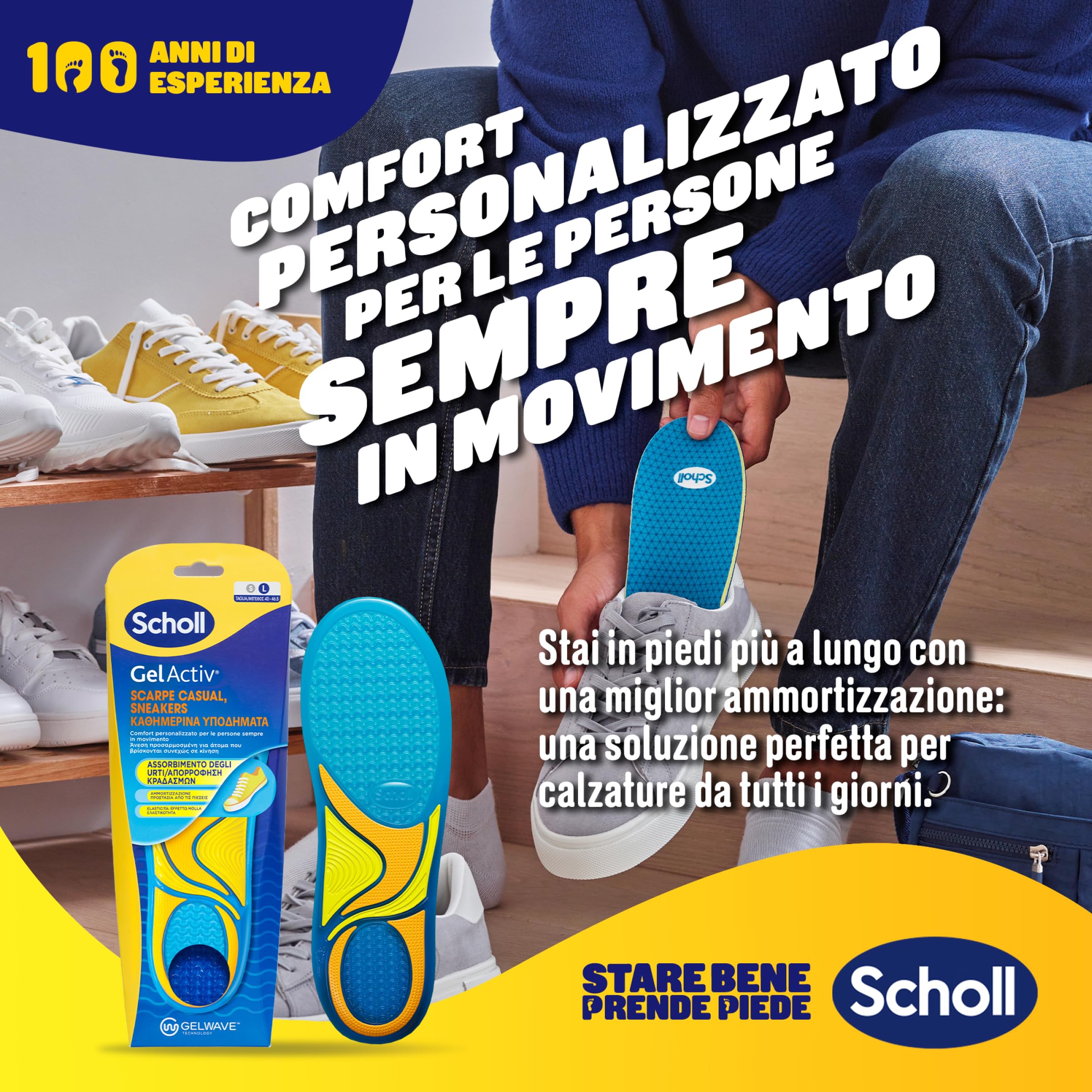 Scholl GelActiv Wkładki do butów i trampek, wkładki z pianki memory z technologią GelWave amortyzujące, komfort dla osób zawsze w ruchu, wygodne stopy przez cały dzień, rozmiar 40-46,5