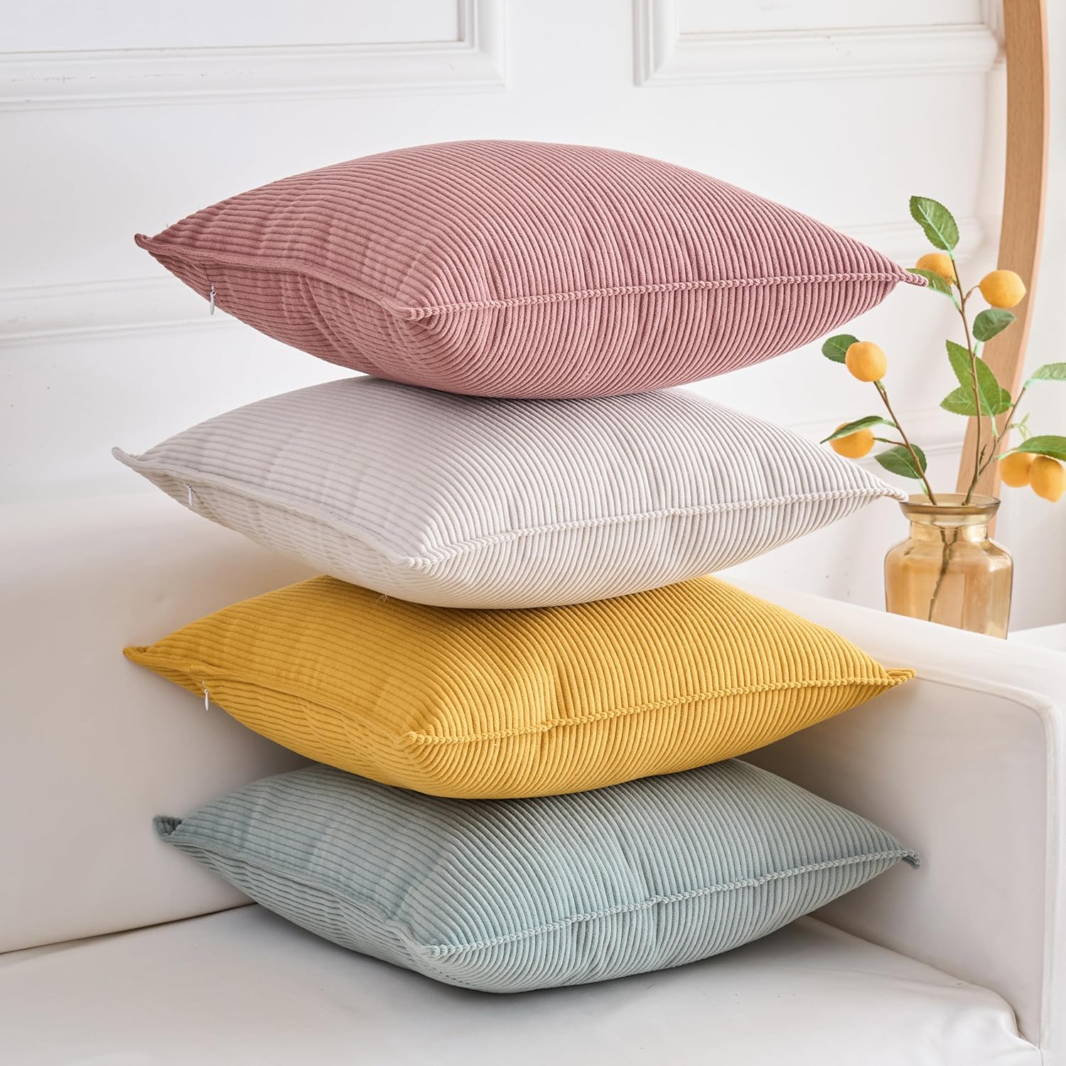 Pack of 4 Couch Throw Pillow Covers 20x20 Inch Accent Soft Corduroy Striped Pillow Cases Decorative Soft Square Farmhouse Boho Cushion Covers For Home Decor Sofa Bedroom Living Room Blush Rose Yellow