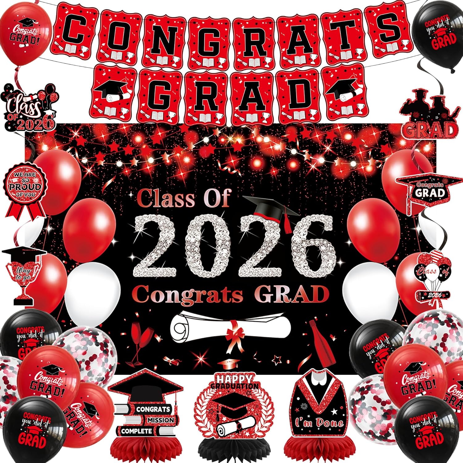 DARUNAXY Black Red Graduation Party Decorations, Red Class of 2026 Graduation Banner, 2026 Congrats Grad Honeycomb Hanging Swirl Confetti Balloon Congratulations Graduates Party Supplies(25PC)