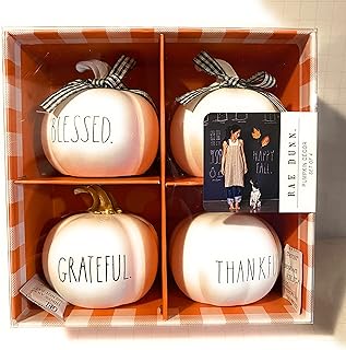 Rae Dunn THANKFUL + GRATEFUL + BLESSED + GATHER + HELLO FALL + PUMPKIN SPICE Mini wood pumpkin set of 6 -HALLOWEEN dÃ©cor - wood Fall, autumn