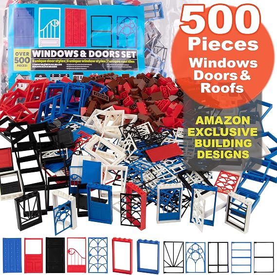500 Building Block Pieces, Unique Windows, Doors and Roof Bricks