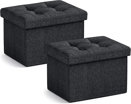 Miniatura 13 de Ornavo Home Otomana de almacenamiento pequeña, juego de 2, plegable, rectangular, de lino, otomano, reposapiés, para sala de estar, dormitorio, Azul