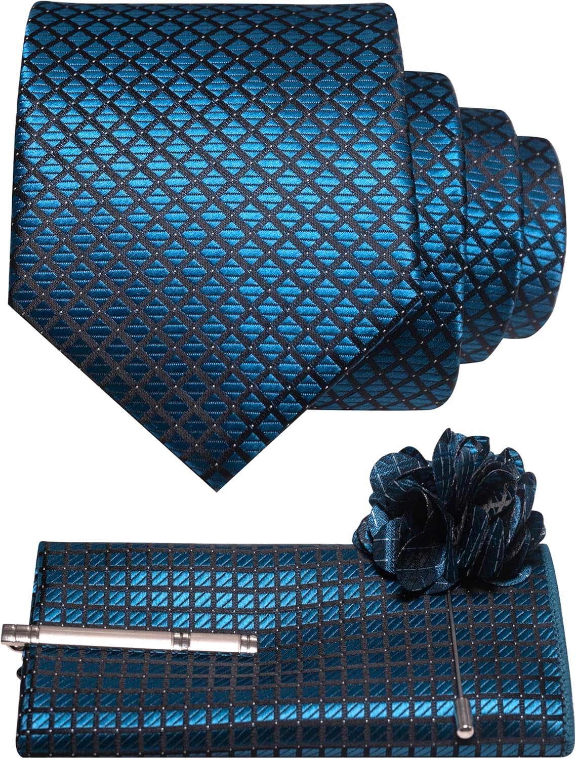 JEMYGINS Mens Solid Color Plaid Tie and Lapel Pin Necktie Pocket Square and Tie Clip with Sets for Business Casual 4PCS