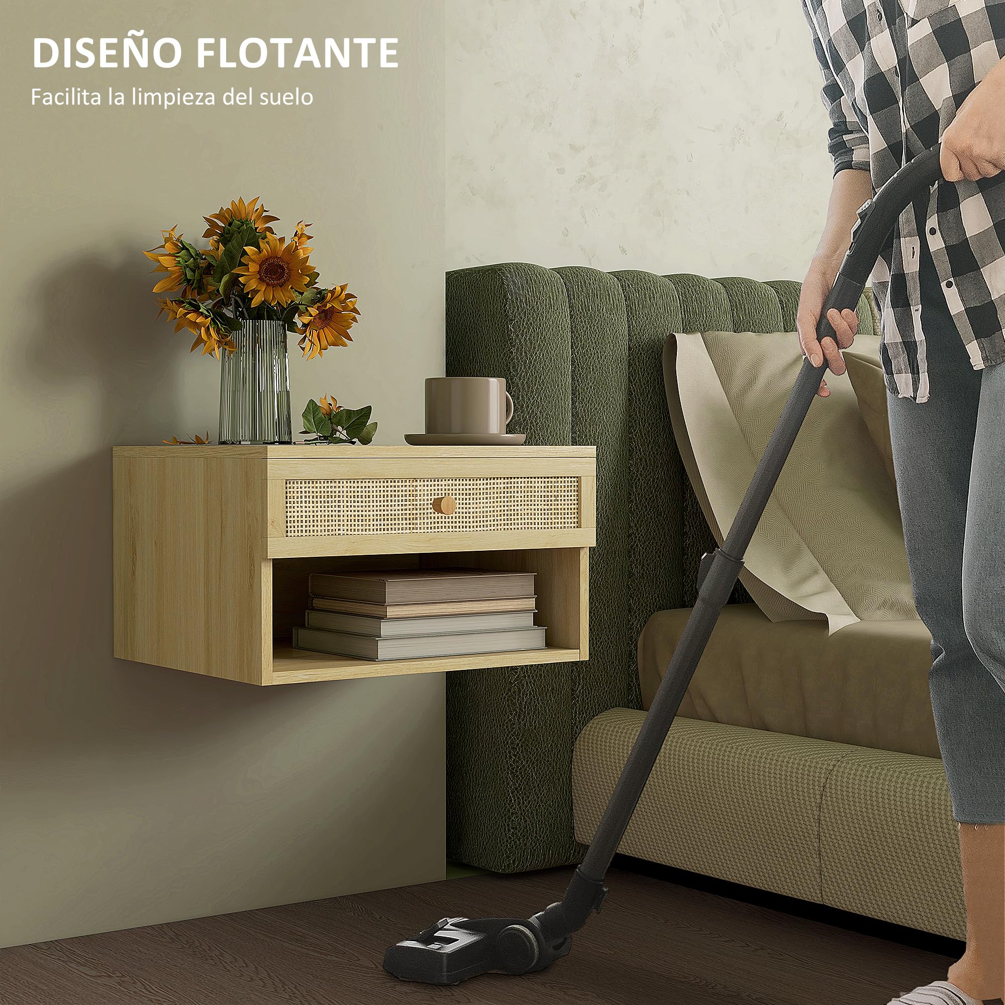 HOMCOM Juego de 2 Mesitas de Noche Flotantes de Pared 40x34x23 cm Natural | con Cajón de Ratán y Estante Abierto, Mesillas de Noche Dormitorio, Estilo Nórdico, para Sala de Estar